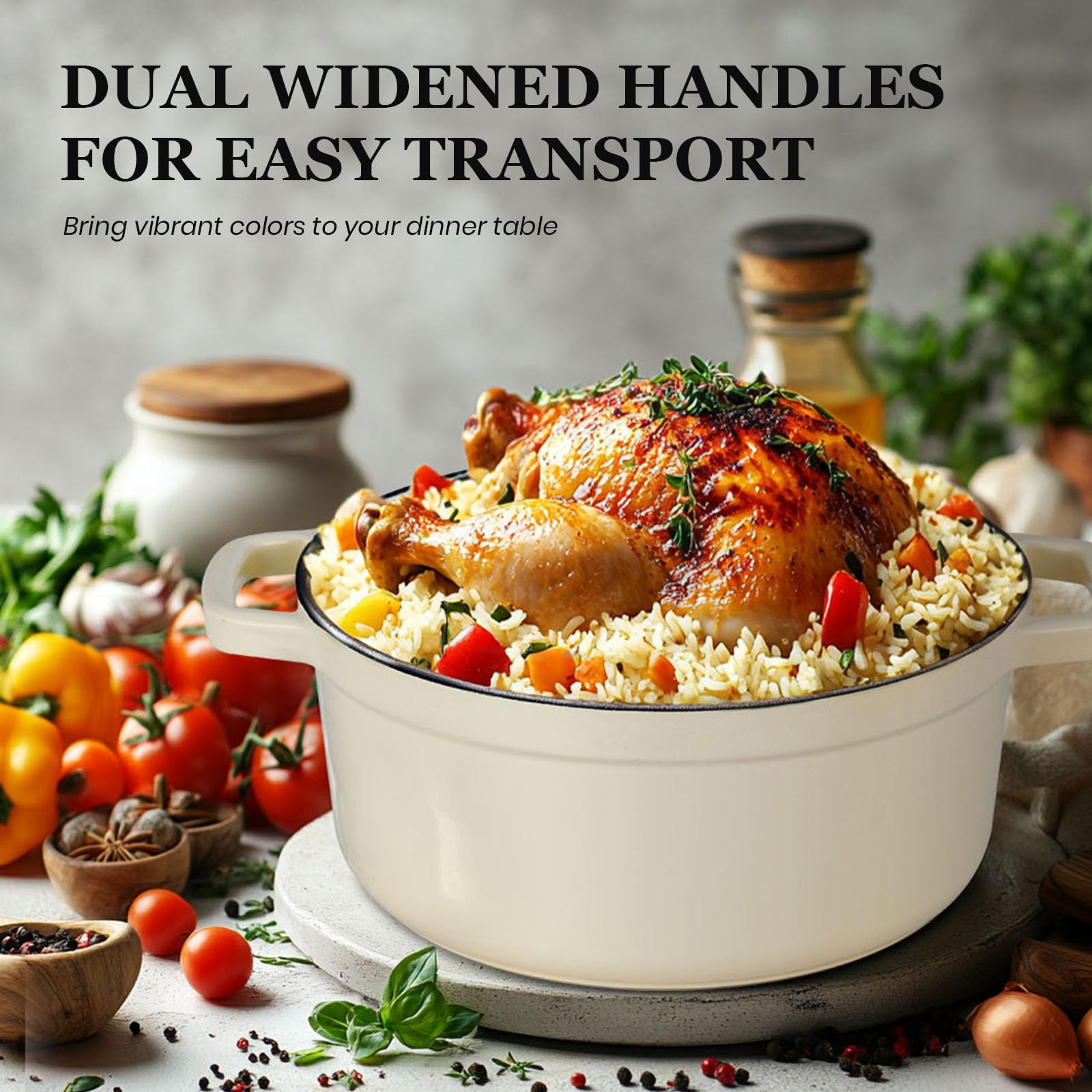 Overmont 5QT Enameled Cast Iron Dutch Oven with Lid - Heavy Duty Cookware for Braising, Stews, Roasting & Bread Baking - Includes Free Cookbook & Cotton Potholders - Perfect for Home Cooking, Camping & Outdoor Use (White)