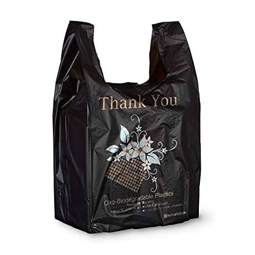 1000 Pack OXO-Biodegradable Thank You Plastic Bags 10x6x18 Inches - 18 Micron Thick Black T-Shirt Carry Out Bags - Eco-Friendly Preprinted Retail & Restaurant Shopping Bags for Grocery, Takeout & Gift Packaging