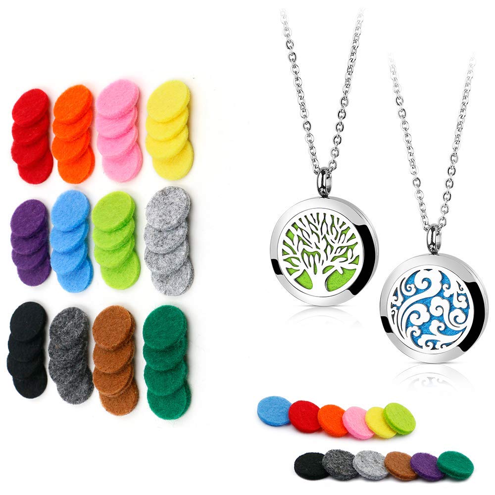 2PCS Aromatherapy Essential Oil Diffuser Necklaces Set (Tree of Life & Cloud Pendant) with 48PCS 17mm Replacement Felt Pads - Perfect for Stress Relief, Yoga, Meditation & Daily Wear