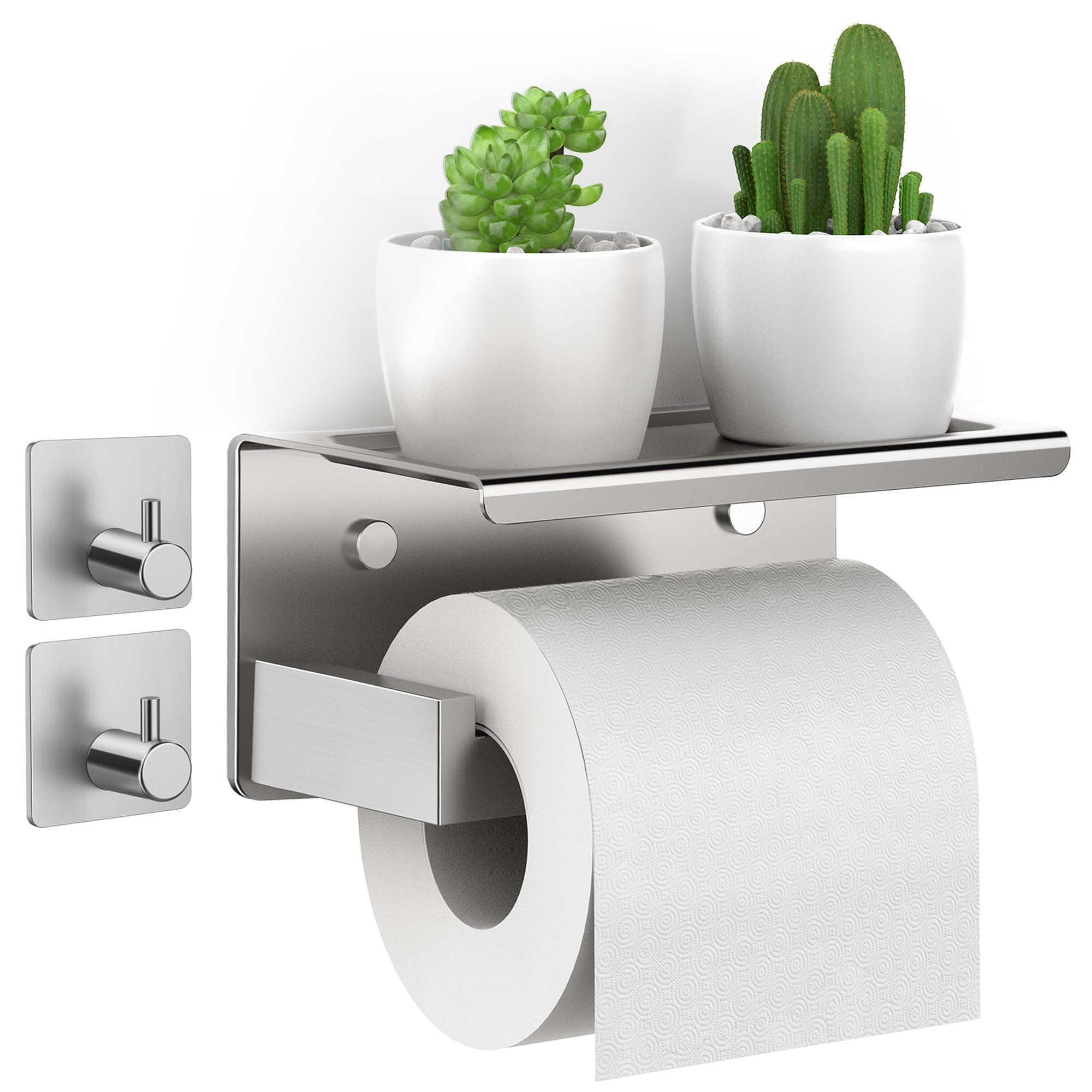 AIKER SUS304 No Drill Toilet Paper Holder - Stainless Steel Wall Mounted Bathroom Tissue Roll Holder with 19.5