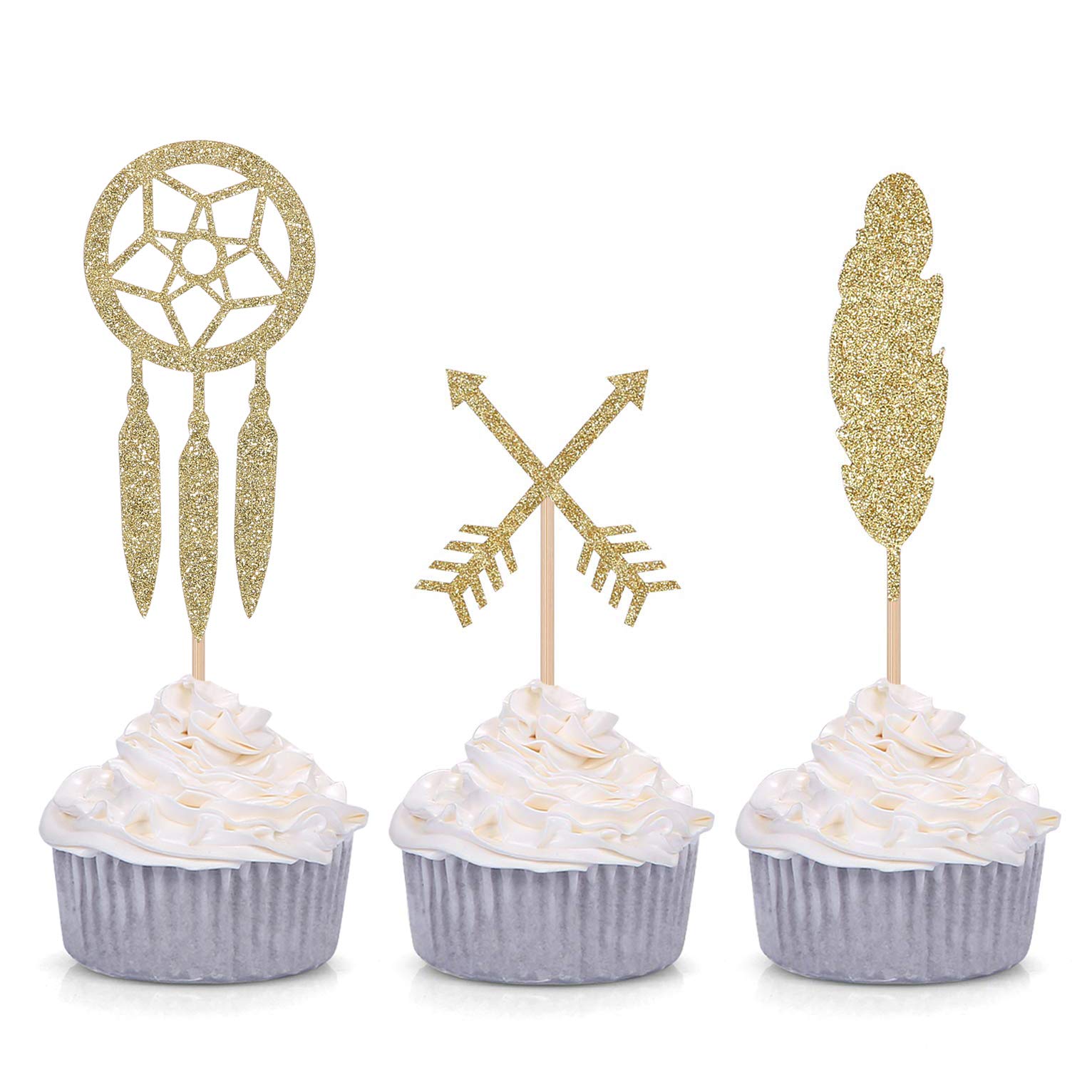 24-Pack Gold Glitter Boho Cupcake Toppers with Arrow & Feather Design - Dreamcatcher Themed Party Decor for Baby Showers, Birthdays & Wedding Celebrations | Perfect for Cupcake, Cake & Dessert Table Decorations