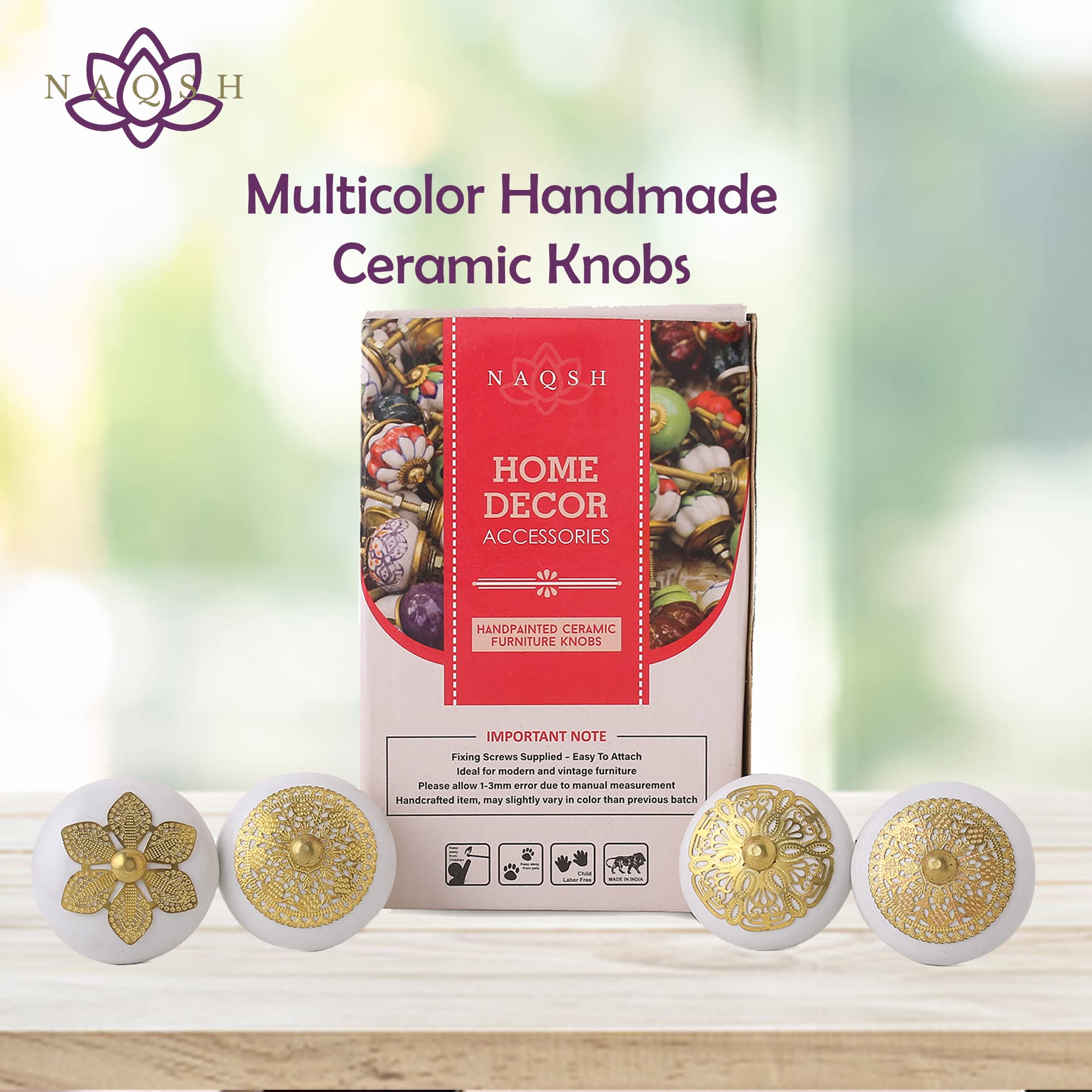 Ceramic Cabinet Knobs & Drawer Pulls - Pack of 6, White Gold Finish for Kitchen, Office & Furniture - Durable Multipurpose Hardware for Cabinets, Dressers & Storage