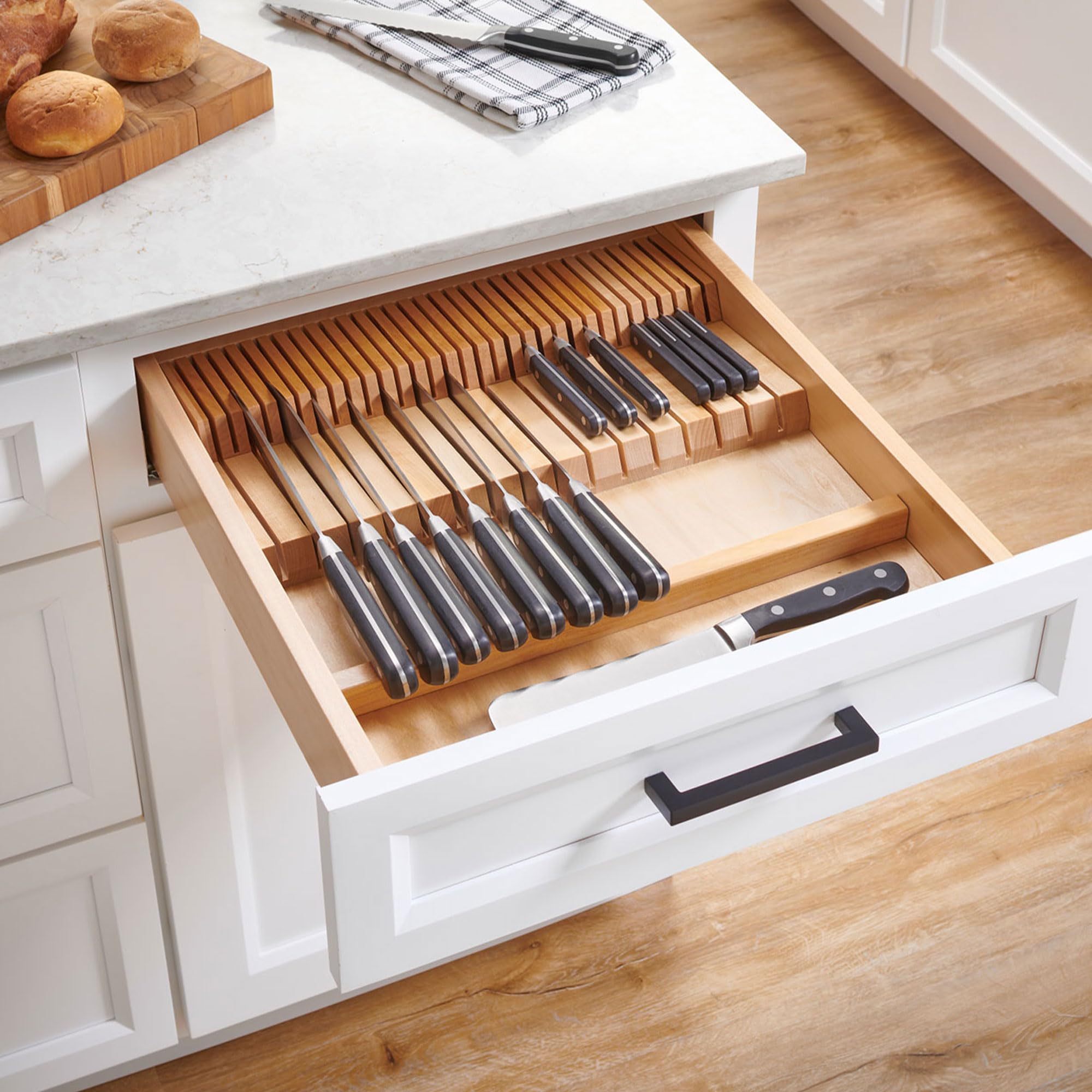 Rev-A-Shelf Dual Row Adjustable Knife Block Drawer Organizer - 55 Slot Wooden Cutlery Tray for Kitchen Utensils Storage (Model 4WDKB-1) - Perfect for Kitchen Drawer Organization & Knife Safety
