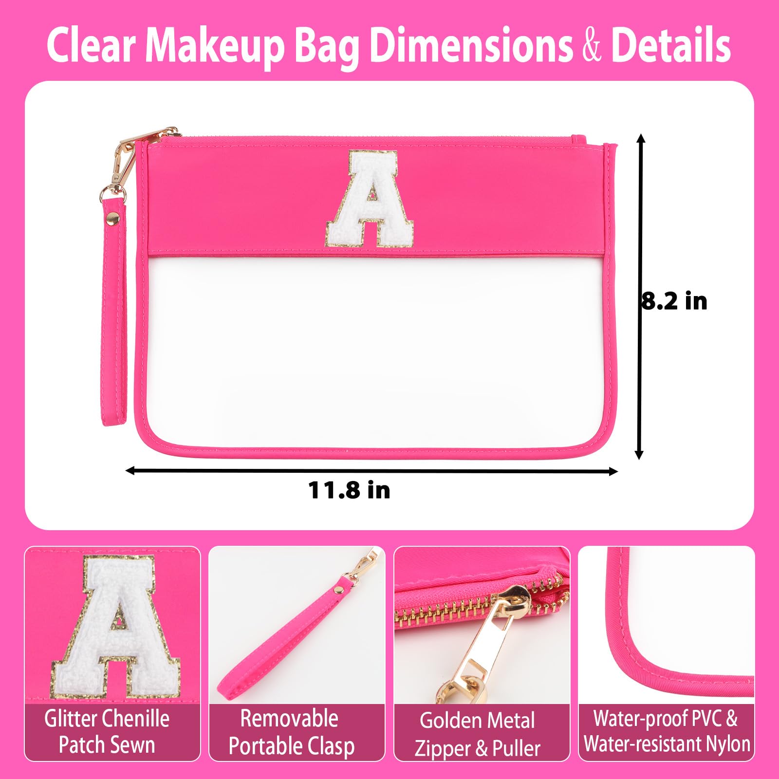 2-Piece Clear Glitter Chenille Monogram Makeup Bag Set - Travel Essentials Cosmetic & Snacks Organizer with Flat Zipper Pouch for Women (Hot Pink) - Perfect for Travel, Gym & Daily Beauty Storage