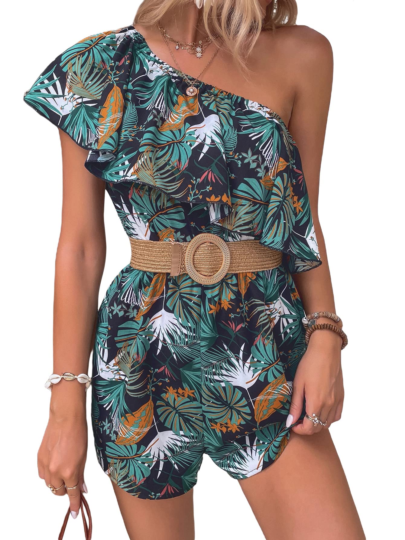 SHENHE Women's One Shoulder Tropical Print Short Sleeve Ruffle Trim Romper Jumpsuit - Beach Vacation Outfit, Summer Party Dress, Casual Daywear