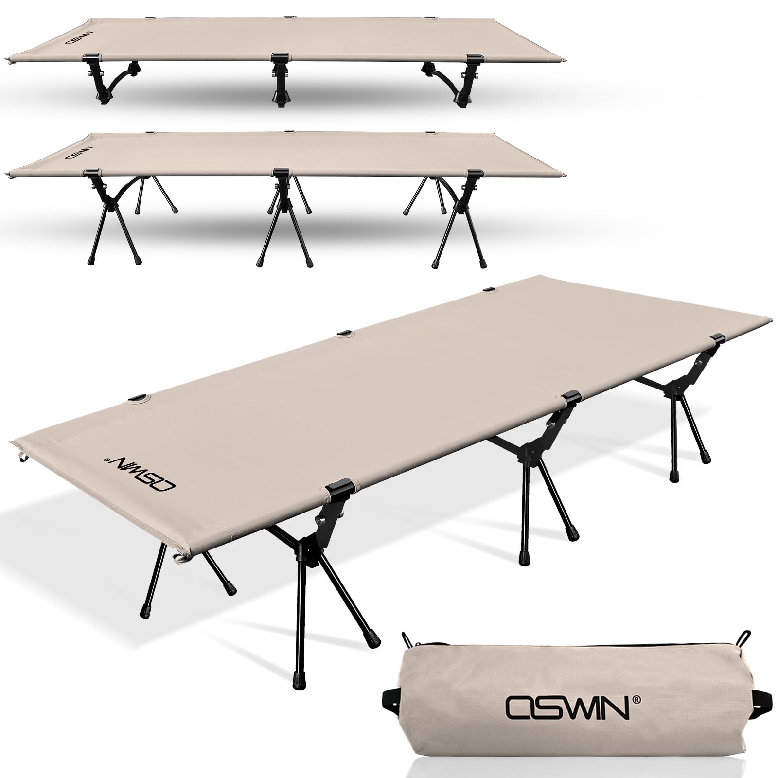 OSWIN Ultralight Folding Camping Cot for Adults - 330lb Capacity, Portable Backpack Bed with Leg Extension for Backcountry, RV, Beach & Outdoor Adventures (Khaki) | Perfect for Hiking, Camping & Travel