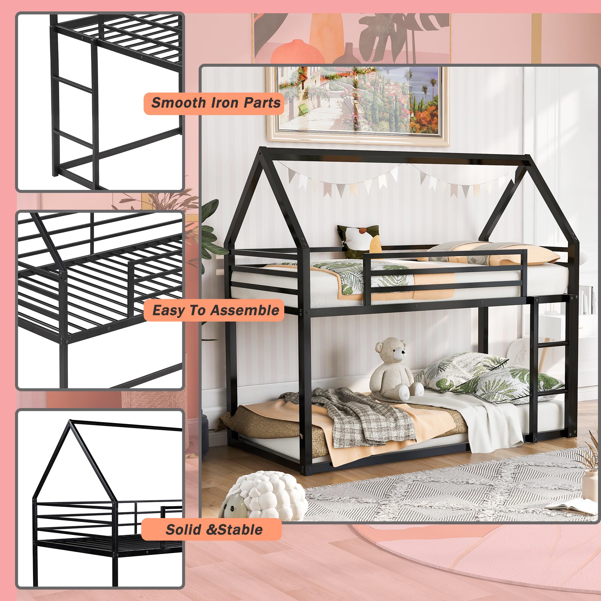 Merax Modern Twin Over Twin Metal Bunk Bed with Ladder & Guardrail - Space Saving House Shaped Design, Sturdy Metal Slats, Easy Assembly - Perfect for Kids Bedroom, Guest Room or Small Spaces (Black)