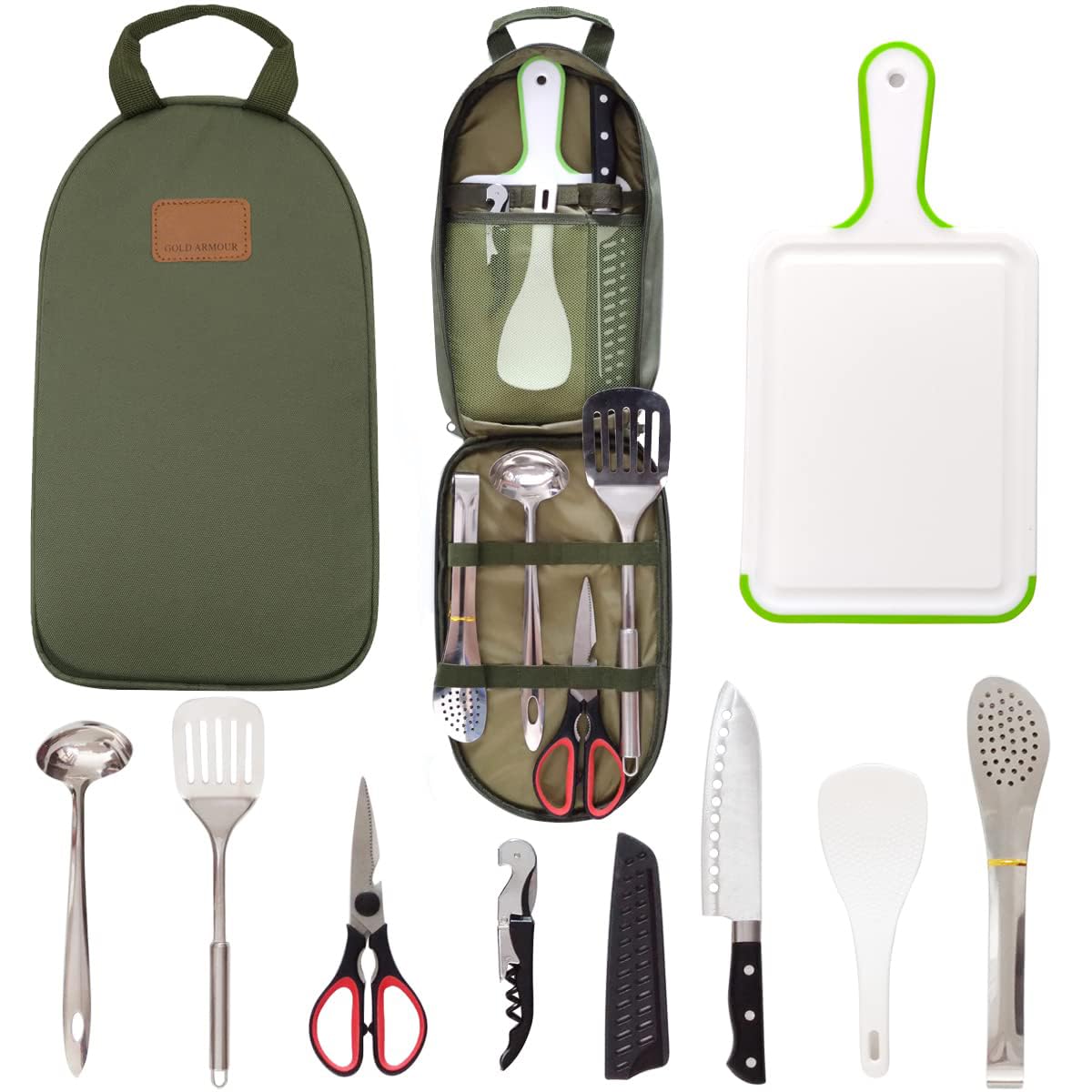 **Portable Camp Kitchen Utensil Set - Stainless Steel BBQ & Camping Cookware Organizer with Cutting Board, Tongs, Scissors, Knife, Ladle & Spatula - Perfect for Outdoor Cooking, Picnics & Travel**