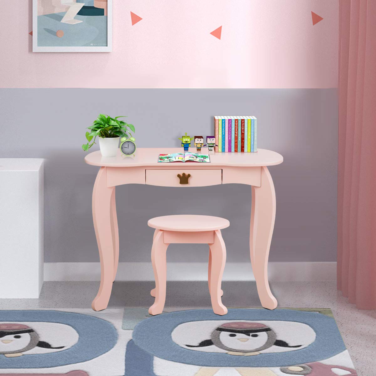 COSTWAY 2-in-1 Wooden Makeup Vanity Table with Stool & 3-Section Mirror, 80x42x105cm Kids Dressing Table with Drawer for Girls Age 3+ (Pink) - Perfect for Bedroom, Playroom & Birthday Gifts