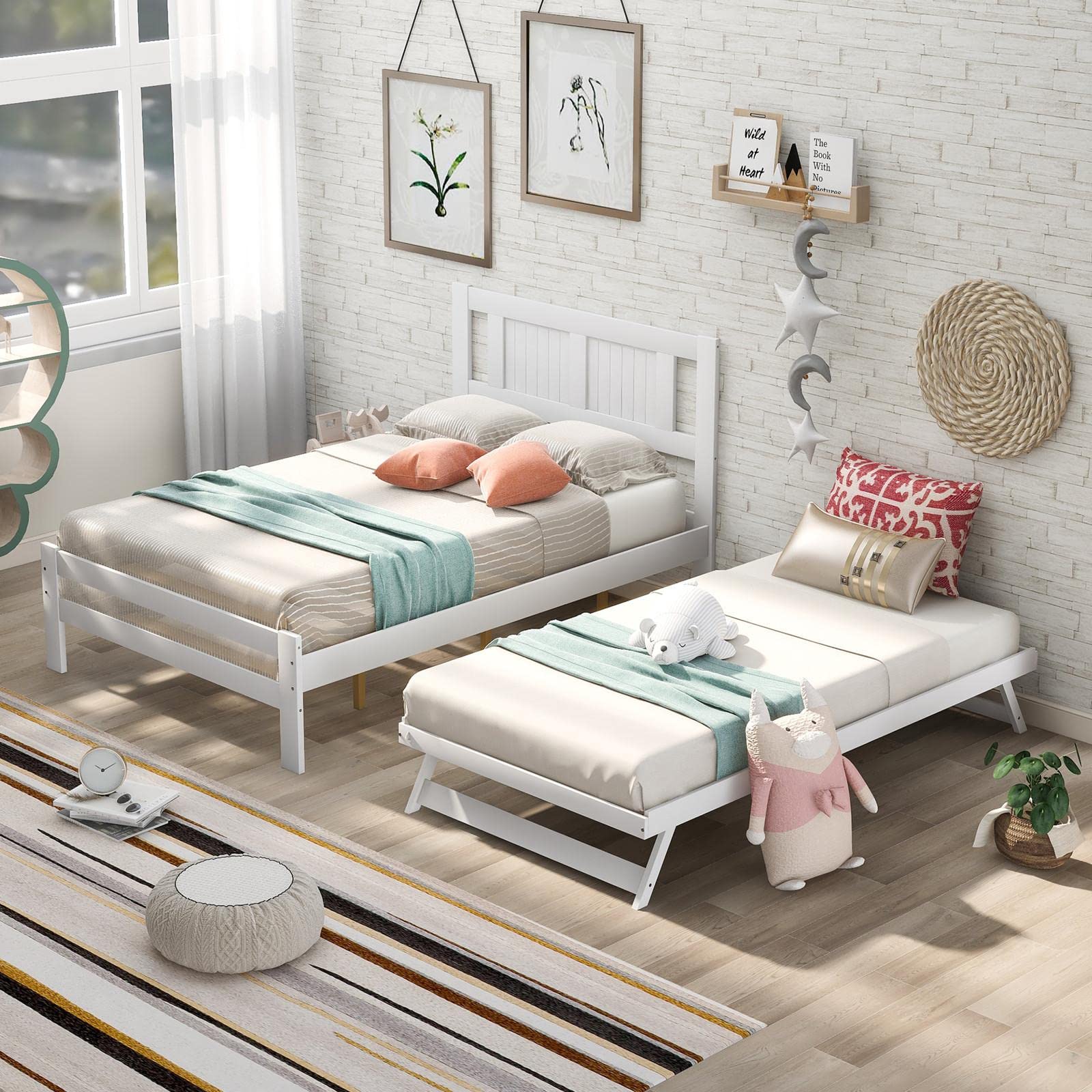 JINS&VICO White Full Size Wooden Platform Bed with Headboard & Trundle Set - Wood Slat Support, Easy Assembly - Perfect for Guest Rooms, Kids' Bedrooms & Small Spaces