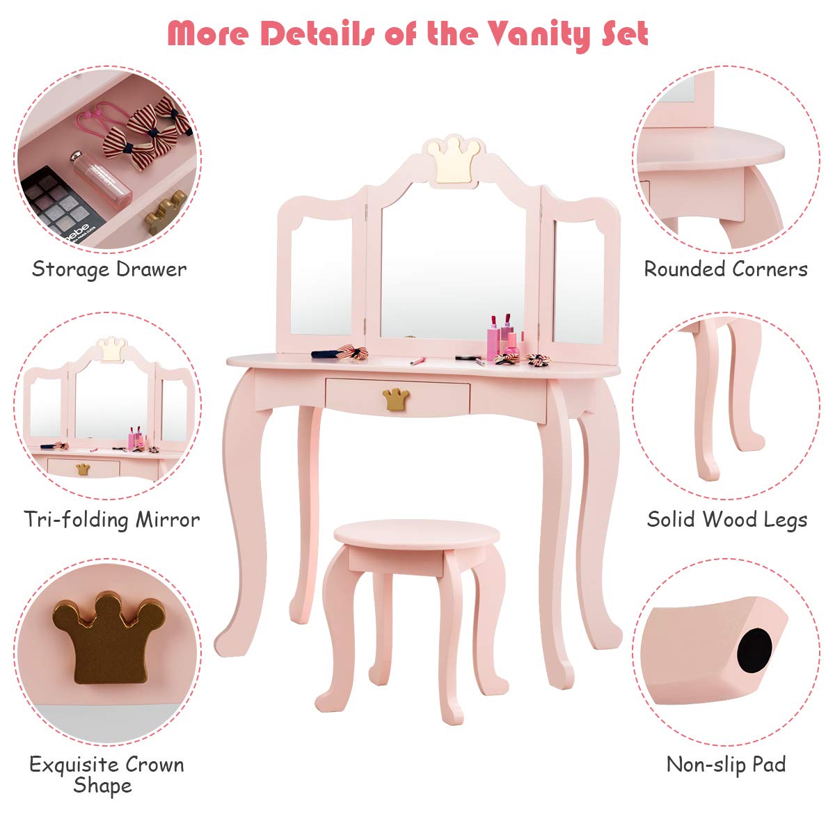 Princess Makeup Vanity Set with Mirror & Chair for Girls - Pretend Play Beauty Dressing Table (Pink) - Perfect for Bedroom Playroom