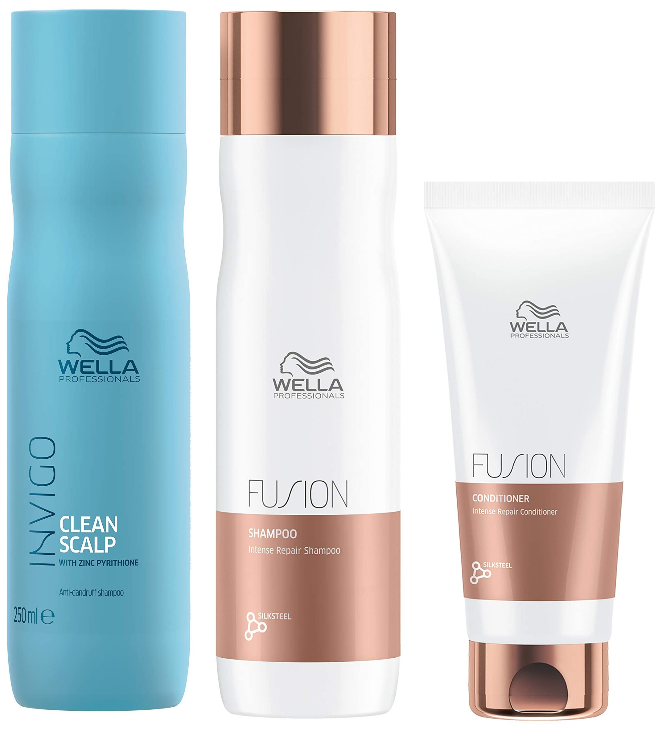 Wella Professionals Fusion Intense Repair Conditioner 200ml & Invigo Balance Anti-Dandruff Shampoo 250ml & Fusion Repair Shampoo 250ml – Hair Care Set for Damaged Hair, Scalp Treatment & Deep Hydration – Salon-Quality Shampoo & Conditioner for Dry, Frizzy Hair – Home & Professional Use