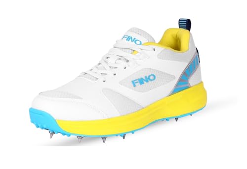 FINO C 01 White & Yellow Junior Cricket Shoes with Metal Spikes - Lightweight Sports Footwear for Youth Cricket Practice & Matches