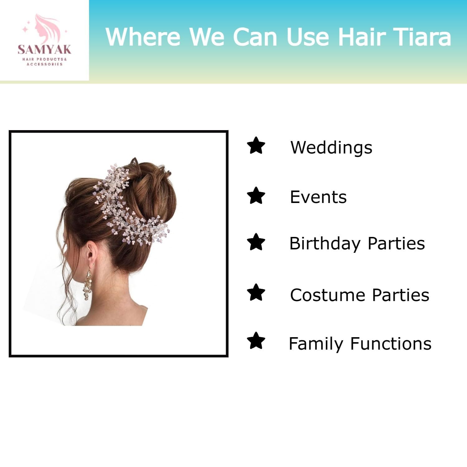 Samyak Silver Crystal Pearl Hair Vine Tiara - Elegant Bridal Hair Accessory for Women | Wedding Headpiece, Bridesmaid Hair Jewelry, Hair Pin, Bun Clip | Perfect for Weddings, Prom, Parties & Special Occasions
