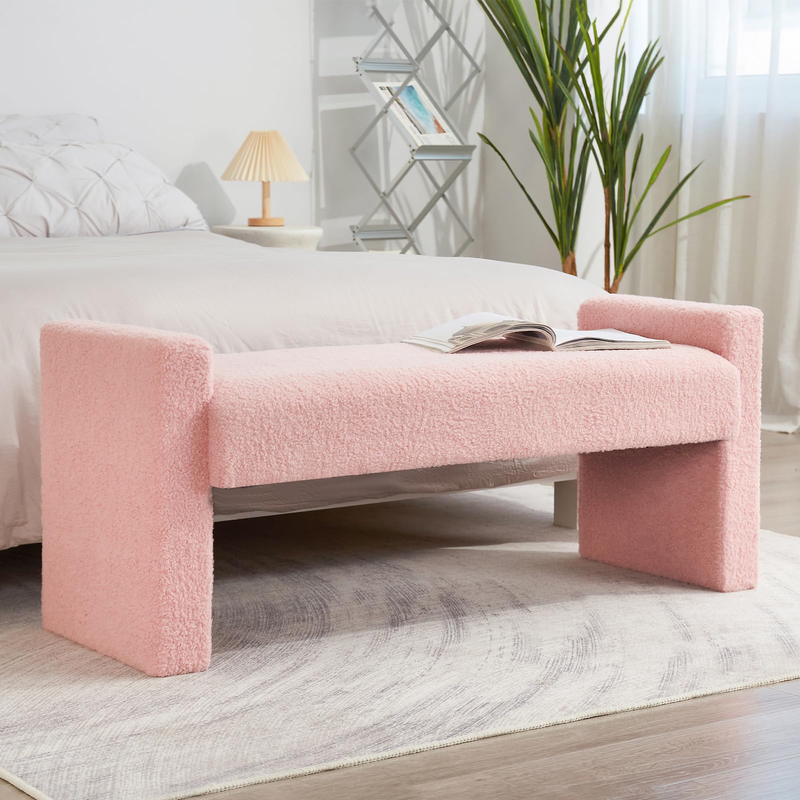 MAXYOYO 47.2 Inch Upholstered Fabric Bed Bench - Modern Pink Bedroom Bench for End of Bed, Foot of Bed, or Entryway Seating