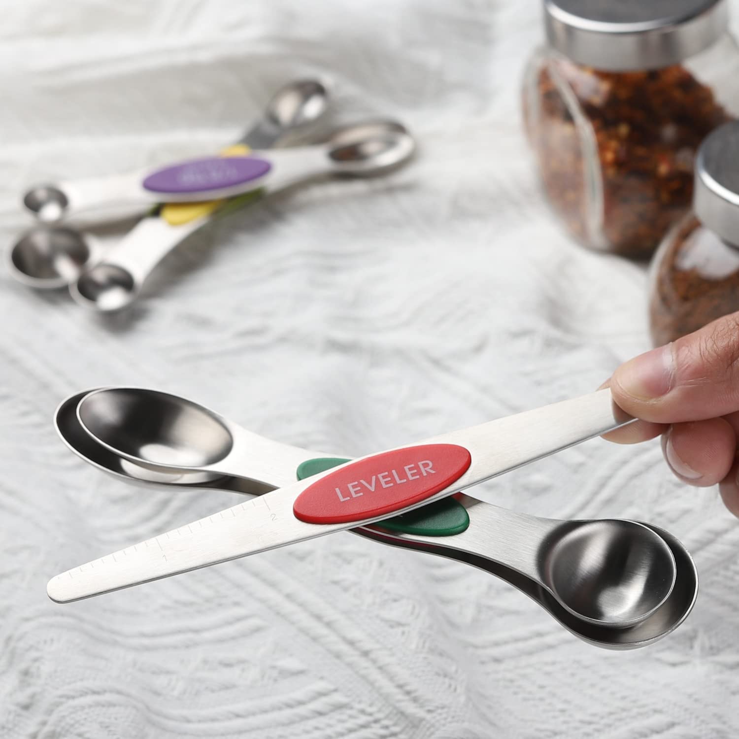 9-Piece Magnetic Measuring Spoons Set - Dual-Sided Stainless Steel Kitchen Measuring Spoons with Leveler | Stackable Teaspoon & Tablespoon Set for Baking, Cooking & Spice Storage | Perfect for Measuring Dry & Liquid Ingredients in Jars, Canisters & Spice Containers