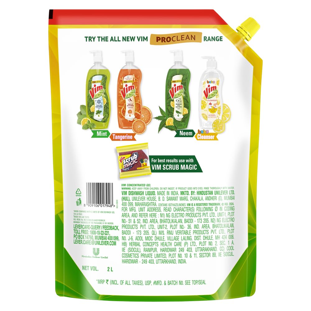 Vim Fresh Lemon Scent Dishwashing Liquid Gel 2L Refill Pack | Residue-Free Grease Cleaner for Kitchen Utensils | Super Saver Offer | Perfect for Daily Dishwashing and Tough Grease Removal