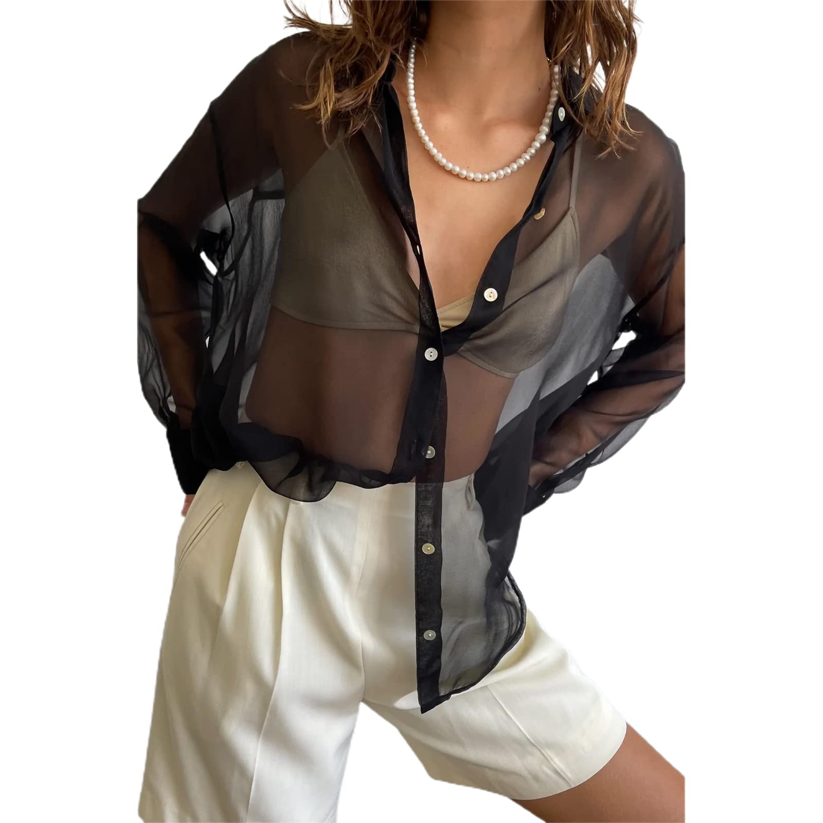 Women's Sheer Button-Up Blouse - Long Sleeve V-Neck See-Through Mesh Top with Lapel Collar, Loose Oversized Fit | Perfect for Layering, Casual Outfits & Night Out