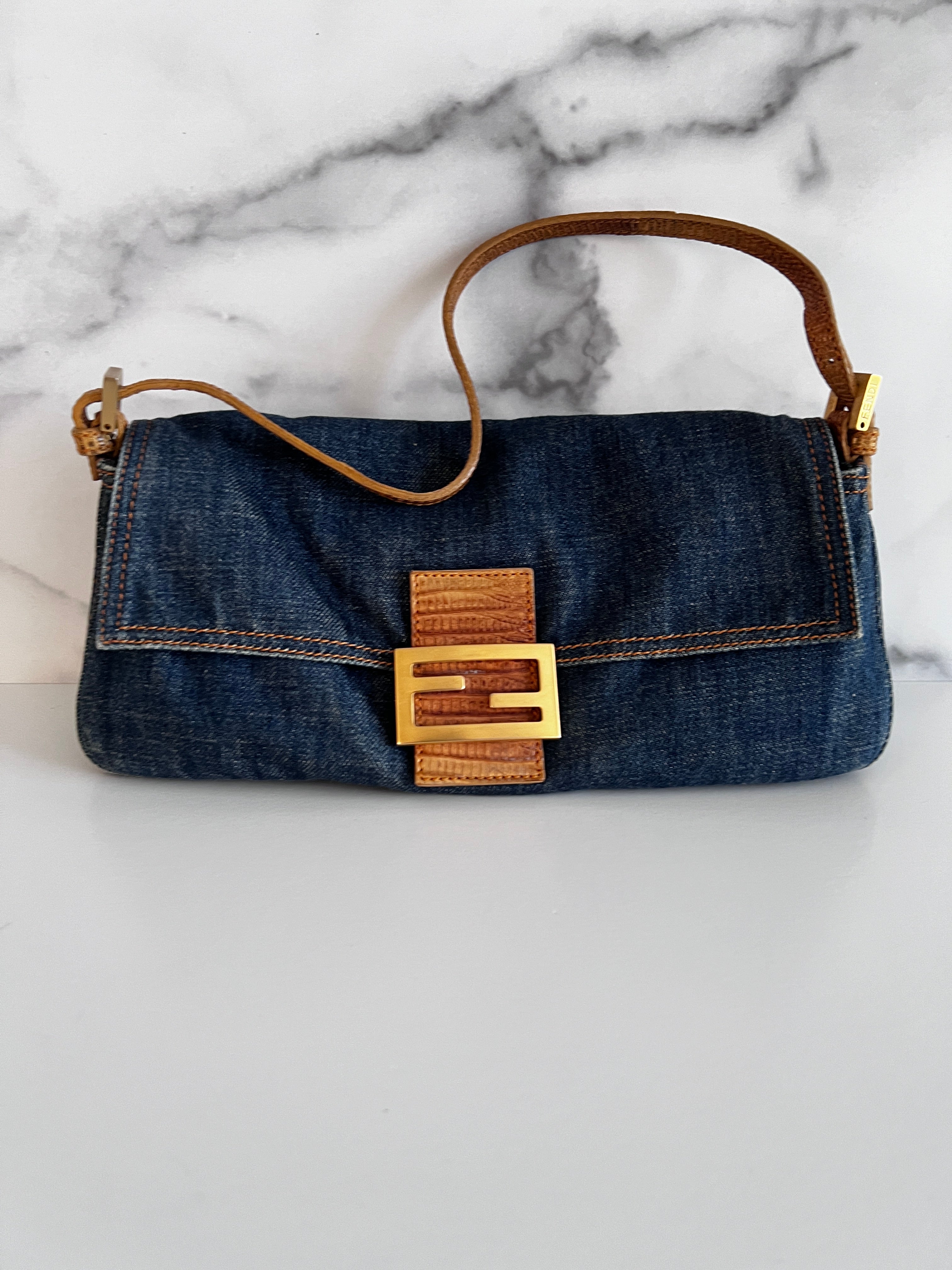 Vintage Fendi Lizard Skin Trimmed Denim Baguette Bag - Luxury Designer Crossbody Purse for Women, Perfect for Parties, Date Nights & Special Occasions