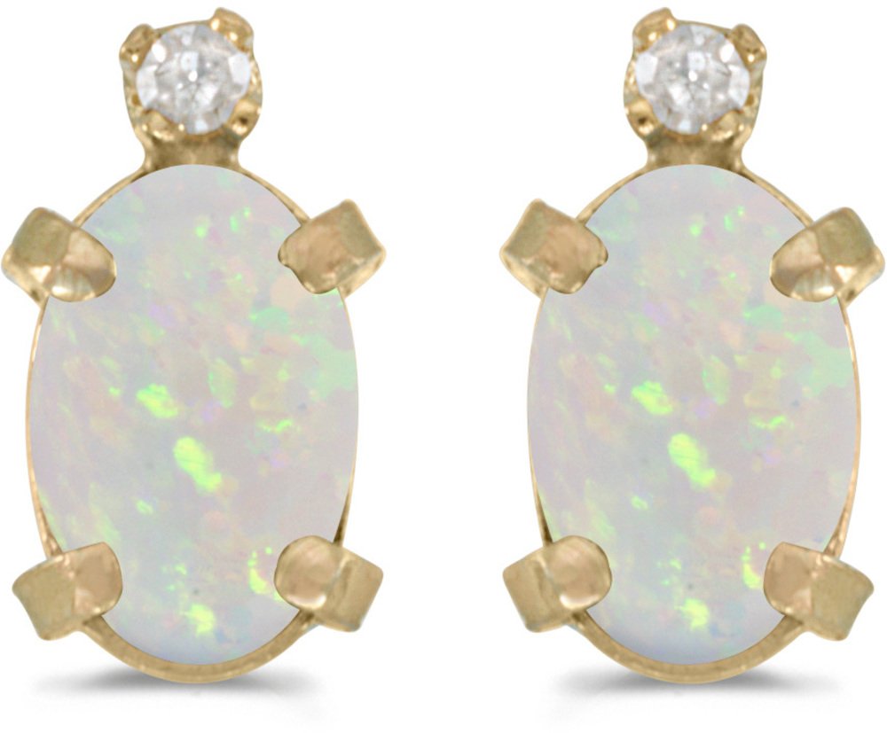 14K Yellow Gold Oval Opal and Diamond Stud Earrings for Women | Elegant Dainty Jewelry Gift for Birthday, Anniversary & Special Occasions