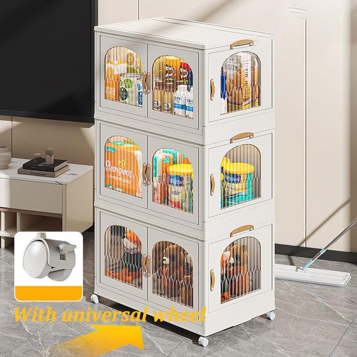 75 Gallon Stackable Storage Bins with Lids, Wheels & Magnetic Doors - Foldable Open Front Cabinet Organizer for Home, Pantry, Garage & Office (Beige, 111x40.5x63.5cm) - Perfect for Closet Organization, Toy Storage & Seasonal Decor