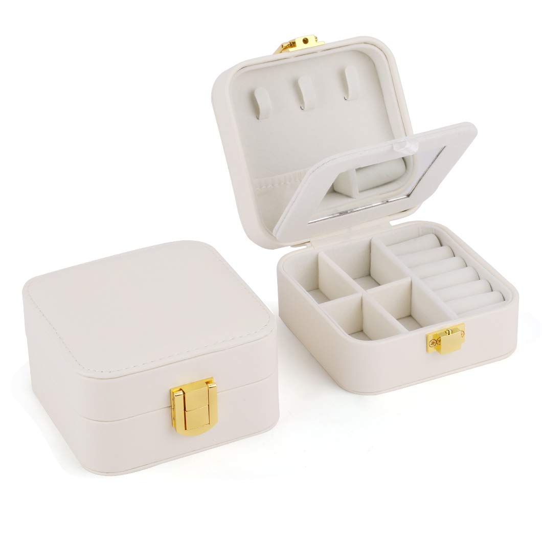 Rolin Roly PU Leather Jewelry Box - Waterproof Travel Jewelry Organizer with Mirror for Rings, Necklaces, Bracelets & Earrings | Portable Jewelry Storage Case for Women, Gift & Travel (White)