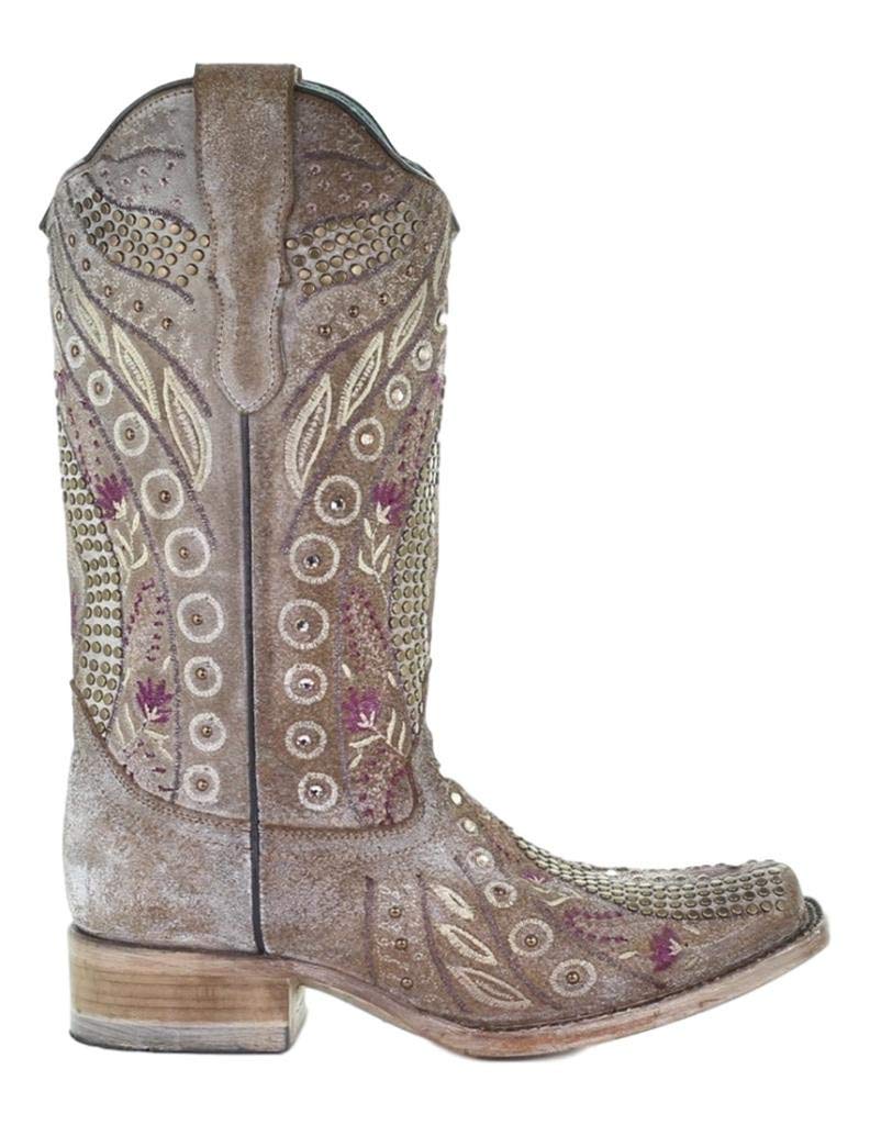 Women's Corral Mauve Studded Floral & Crystal Embellished Square Toe Western Boots E1520 - Perfect for Country Dancing, Rodeos & Western Fashion Outfits