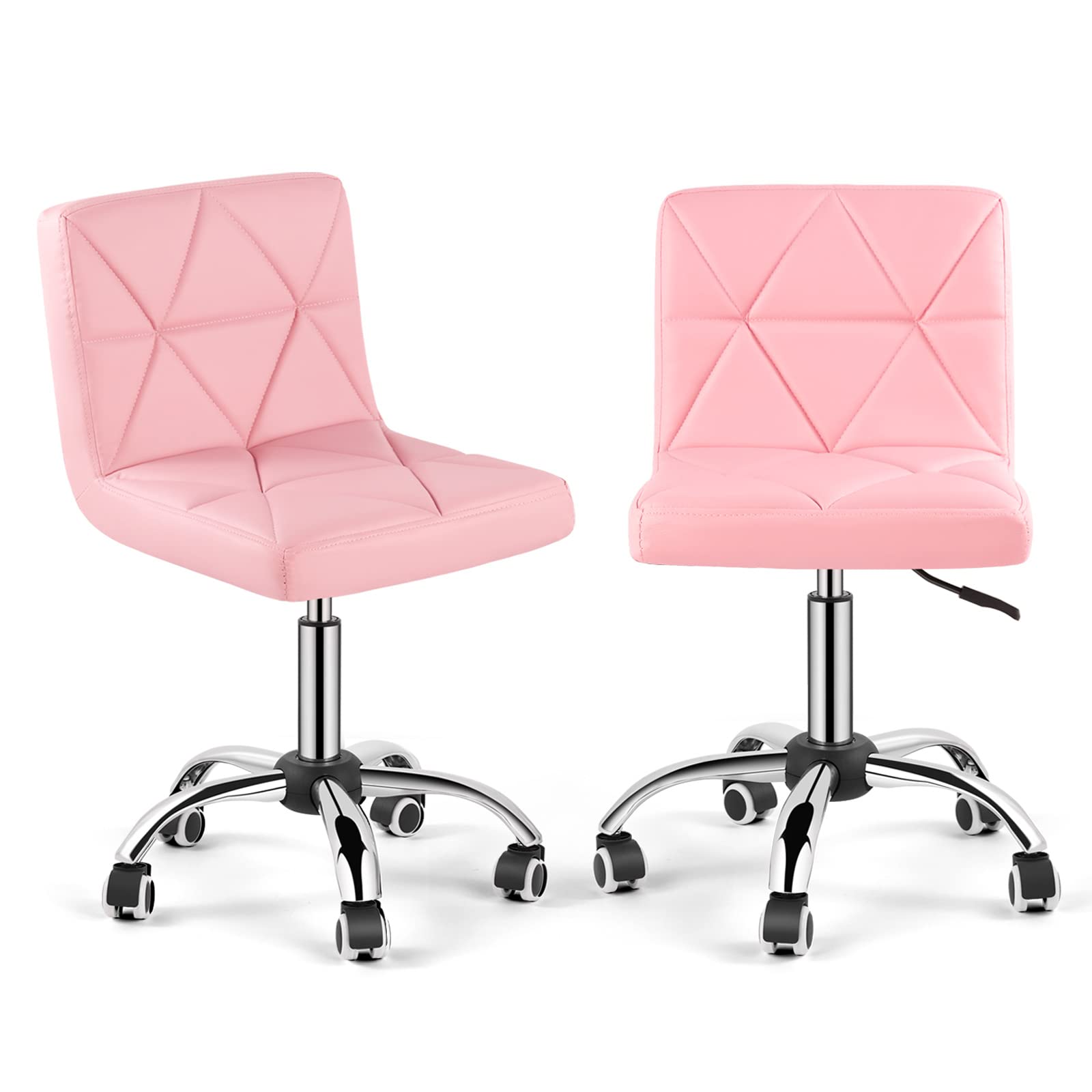 2-Pack COSVALVE Armless Low Back Swivel Office Chairs - Adjustable Task Chairs with Rolling Wheels & Diamond Pattern - Perfect for Home Office, Computer Work & Barber Shops (Pink)