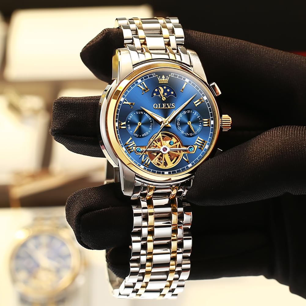 OLEVS Automatic Self-Winding Men's Watch with Date & Day Display - Stainless Steel Skeleton Tourbillon Watch - Waterproof Mechanical Watch for Men | Perfect for Business, Formal Events & Daily Wear