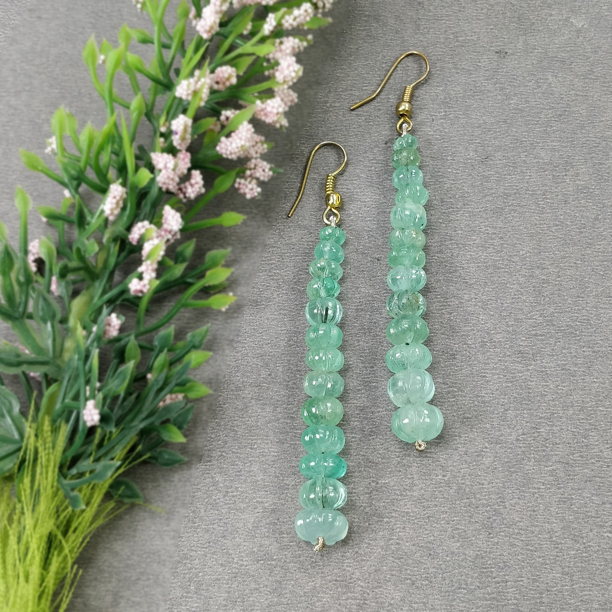 Natural Untreated Emerald Gemstone 925 Sterling Silver Beaded Hook Earrings | 43.50gms | Melon Beads Design | Elegant Jewelry for Women, Gift for Her, Wedding, Party & Special Occasions