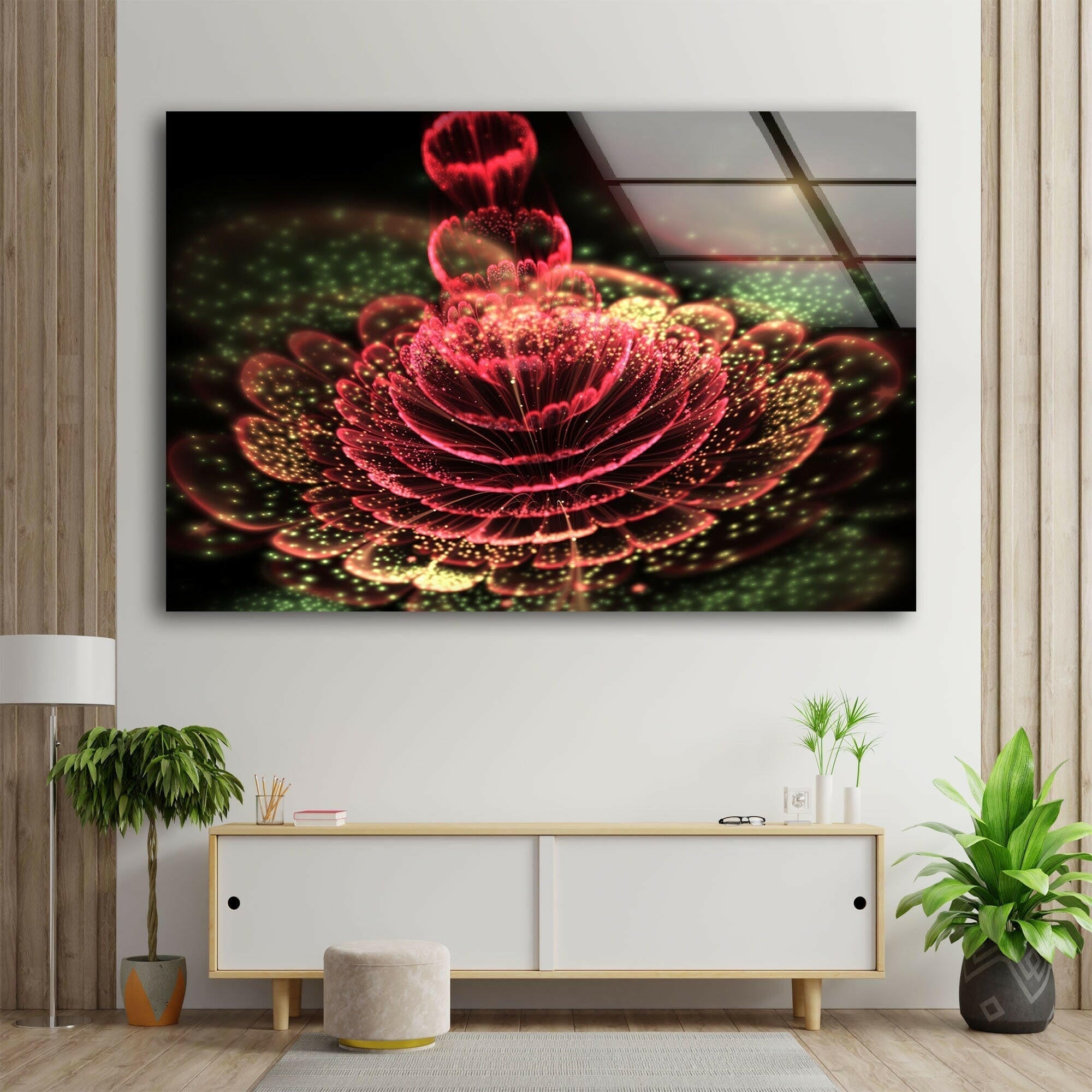 Abstract Red Flower Glass Wall Art - Modern Home Decor for Living Room, Bedroom & Office - Elegant Handmade Glass Painting for Unique Interior Design
