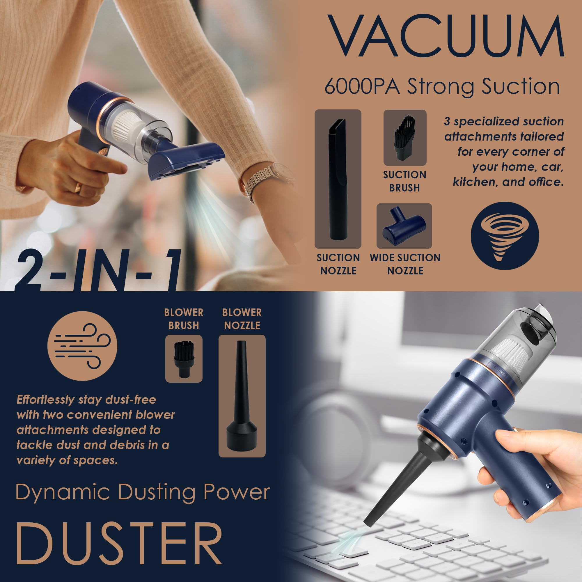 120W Cordless Car Vacuum Cleaner - Portable Handheld Vacuum with Lithium Ion Battery & Charging Stand | 2-in-1 Mini Vacuum & Air Duster Kit with Attachments & Storage Bag | Perfect for Car Cleaning, Home Use & Pet Hair Removal