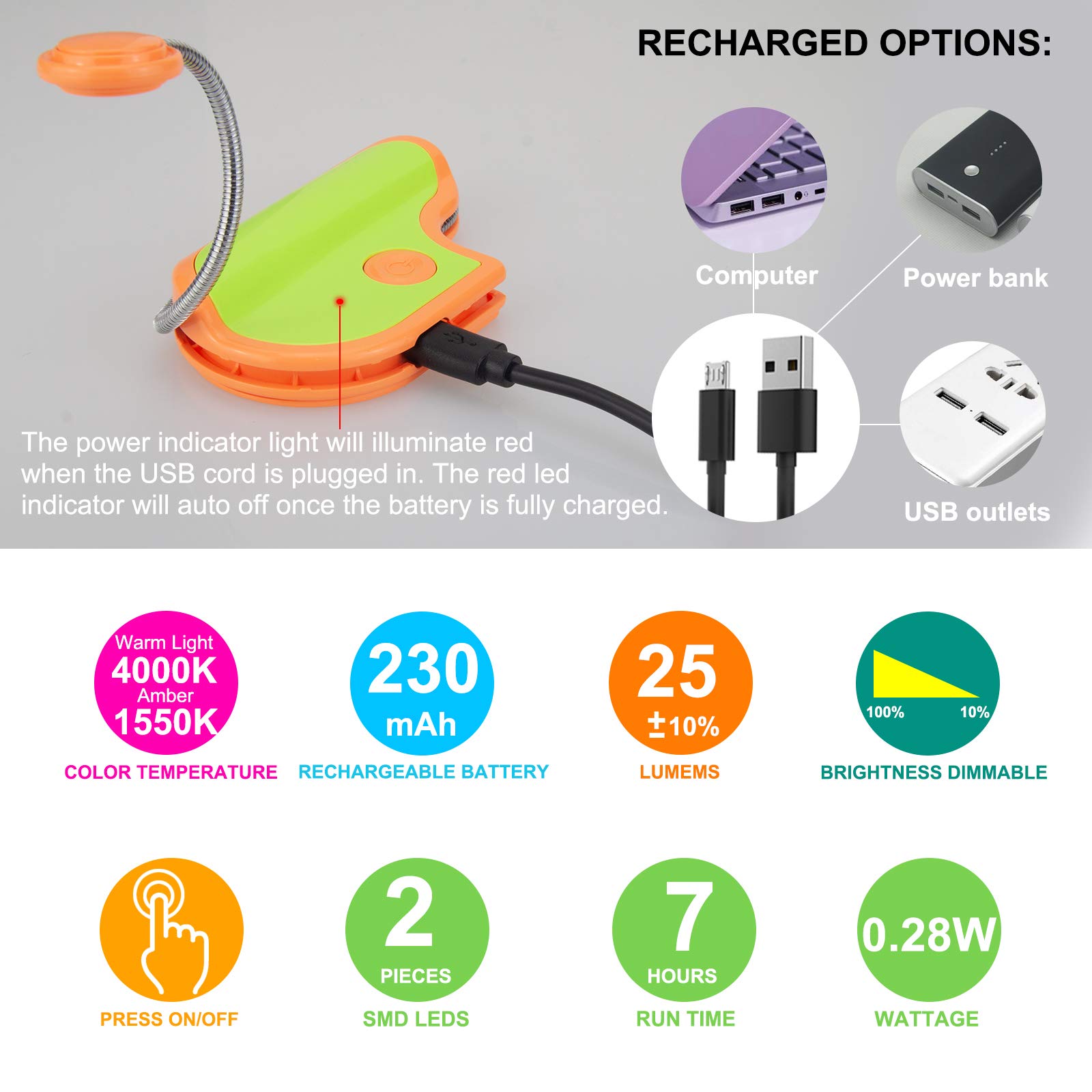 BIGMONAT Rechargeable Amber Reading Light for Kids - Portable LED Book Light with 360° Adjustable Neck, Wireless Clip-on Lamp for Night Reading, Homework & Travel (Orange) - Perfect for Bedtime Stories, Study Sessions & Camping