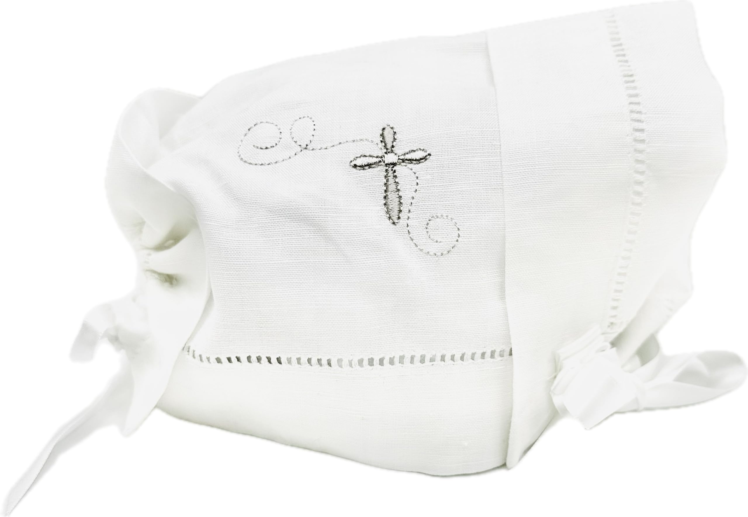 Baby Christening Linen Keepsake Set - Embroidered Cross Handkerchief & Bonnet with Gift Card & Envelope | Perfect for Baptism, First Communion & Newborn Gifts