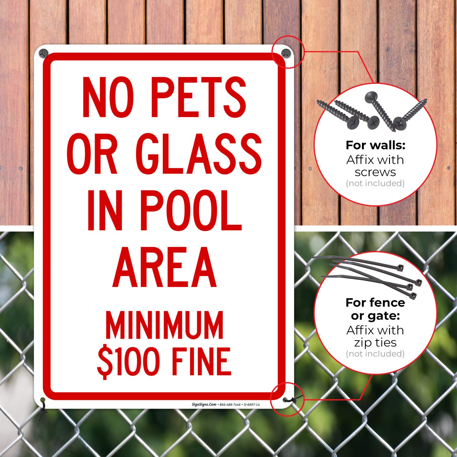 No Pets or Glass Allowed in Pool Area Sign - 10x14 Inches Rust-Free .040 Aluminum - Fade Resistant Indoor/Outdoor Pool Safety Sign - Made in USA - Perfect for Public Pools, Hotels & Backyard Swimming Areas