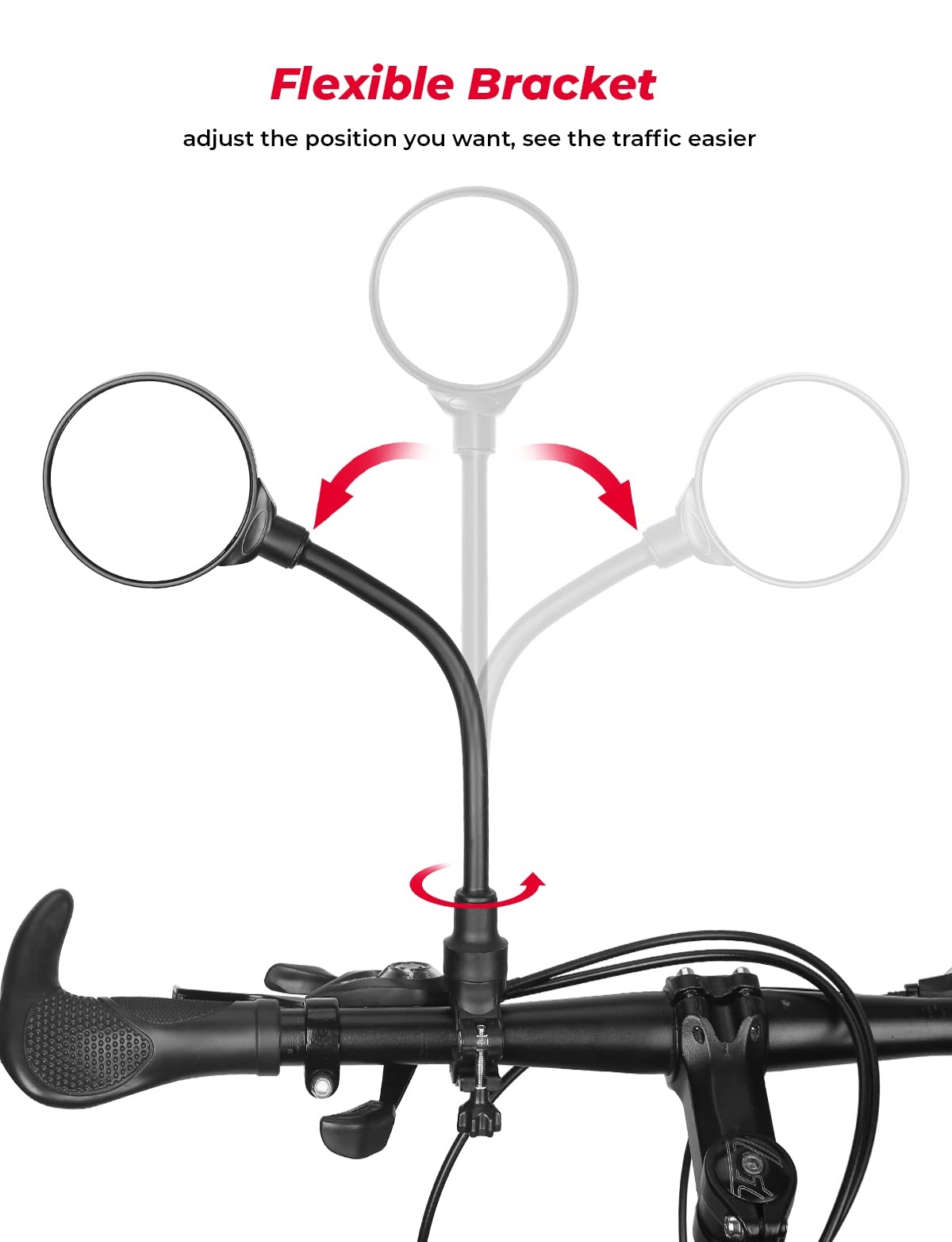 KEMIMOTO 360° Adjustable Bike Mirrors - Universal Handlebar Mount for E-Bike, Road Bike, Mountain Bike & Scooter - 2 Pack Acrylic Convex Safety Mirrors with Long Extension | Perfect for Commuting, Off-Roading & Urban Riding
