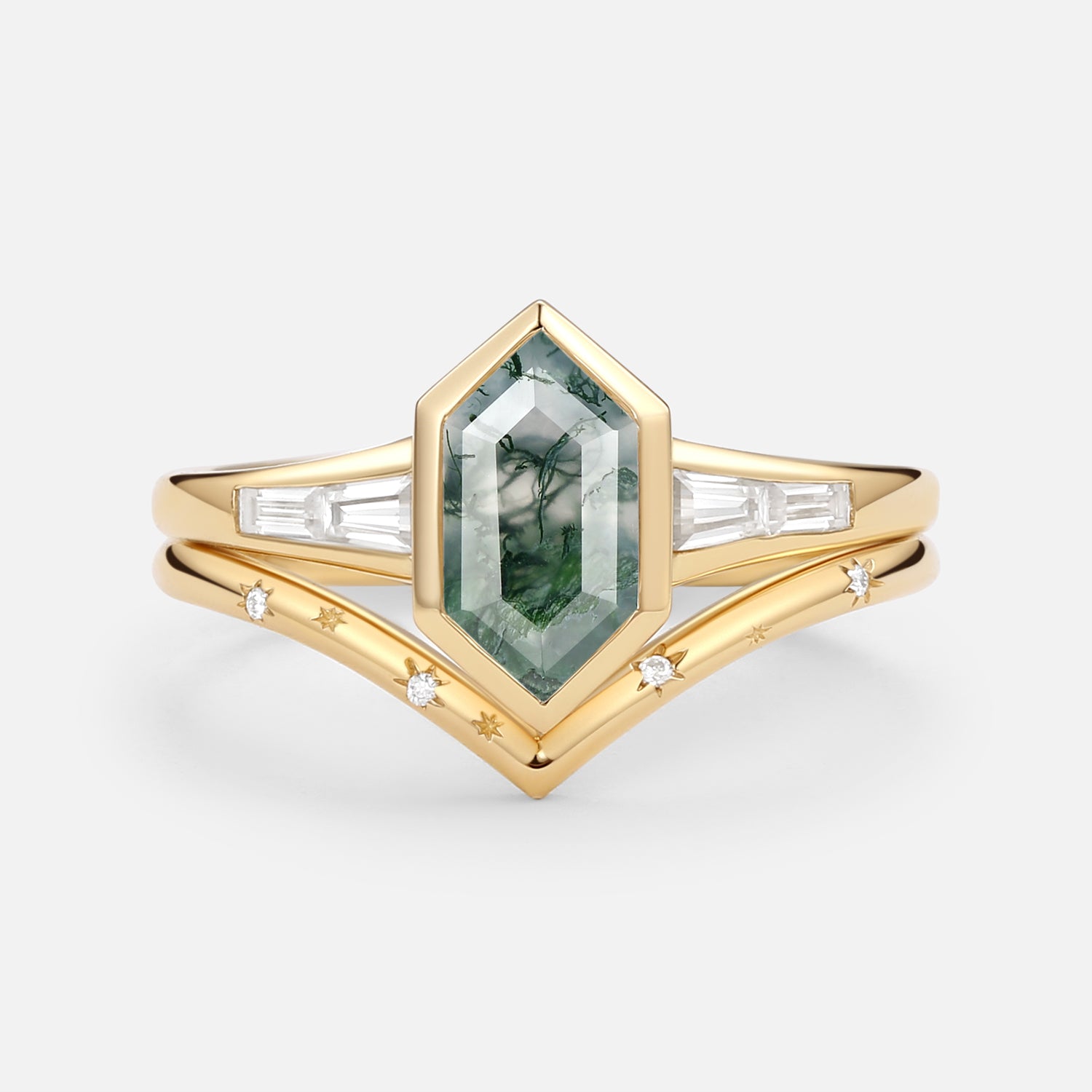Hexagon Moss Agate Wedding Ring Set - Minimalist Bridal Jewelry for Women - 2 Piece Stackable Rings for Engagement, Anniversary & Everyday Wear