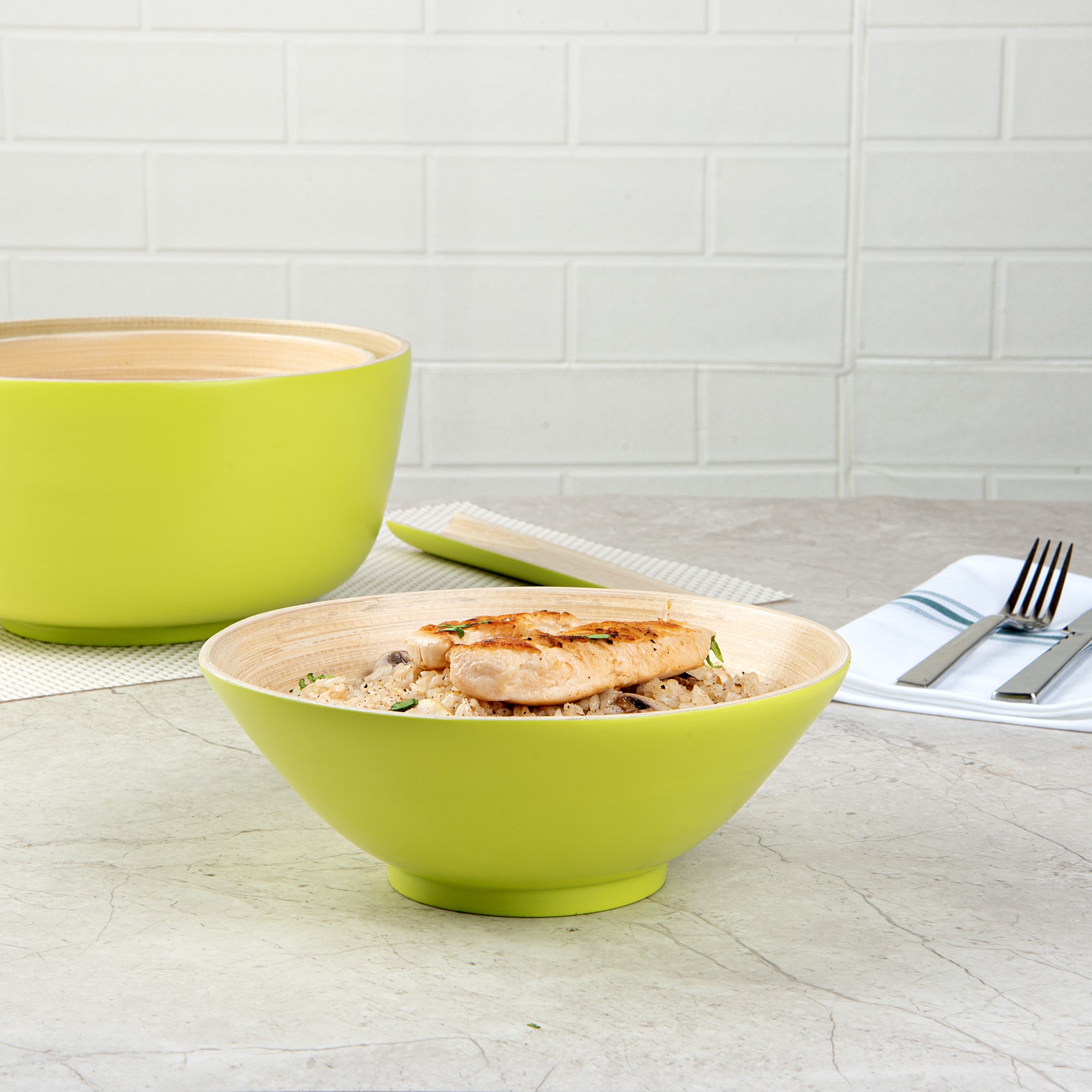 Bambuddha 29 oz Eco-Friendly Round Green Spun Bamboo Serving Bowl - 8.25