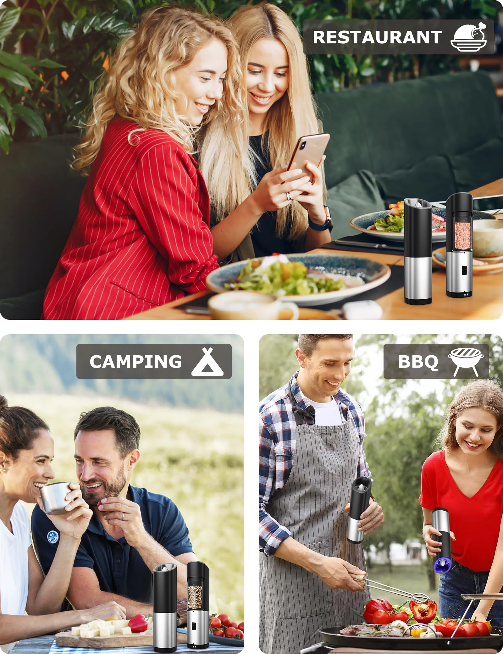 **Innhom Gravity Electric Salt and Pepper Grinder Set - Battery Operated Adjustable Coarseness - Perfect for Kitchen, Dining, Camping & Gifts**