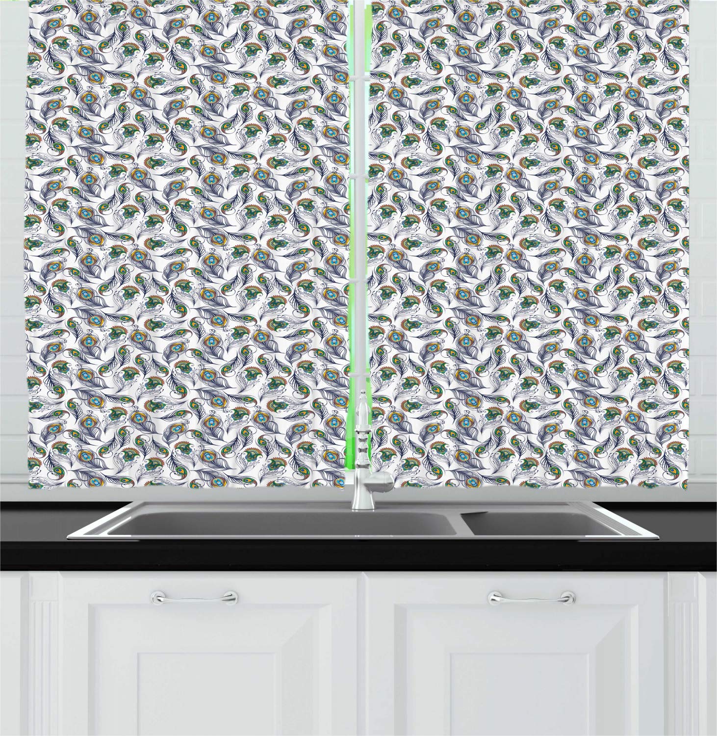 Bohemian Peacock Feather Kitchen Curtains Set of 2 - 55