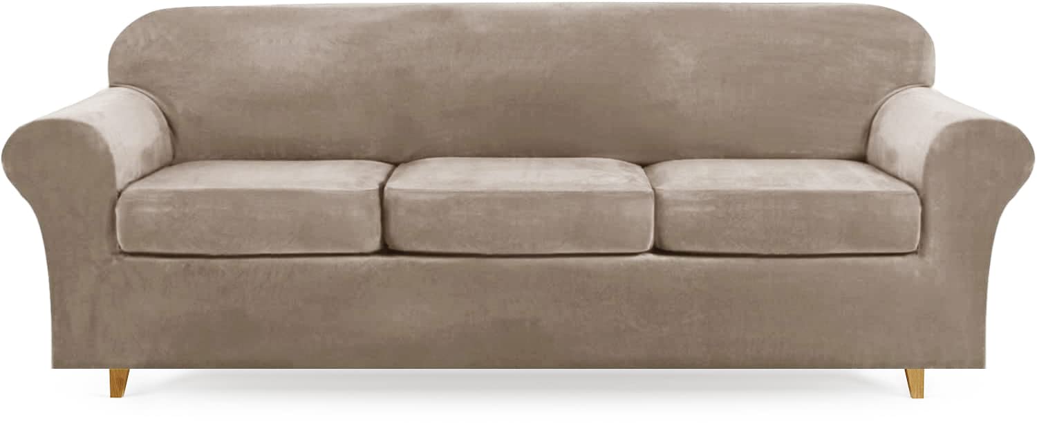 Lamberia Stretchable Velvet Sofa Cover for 3-Cushion Couch - 4-Piece Washable Plush Furniture Protector (Taupe, XL) - Pet & Kid Friendly Couch Cover for Living Room, Family Room, and Home Decor