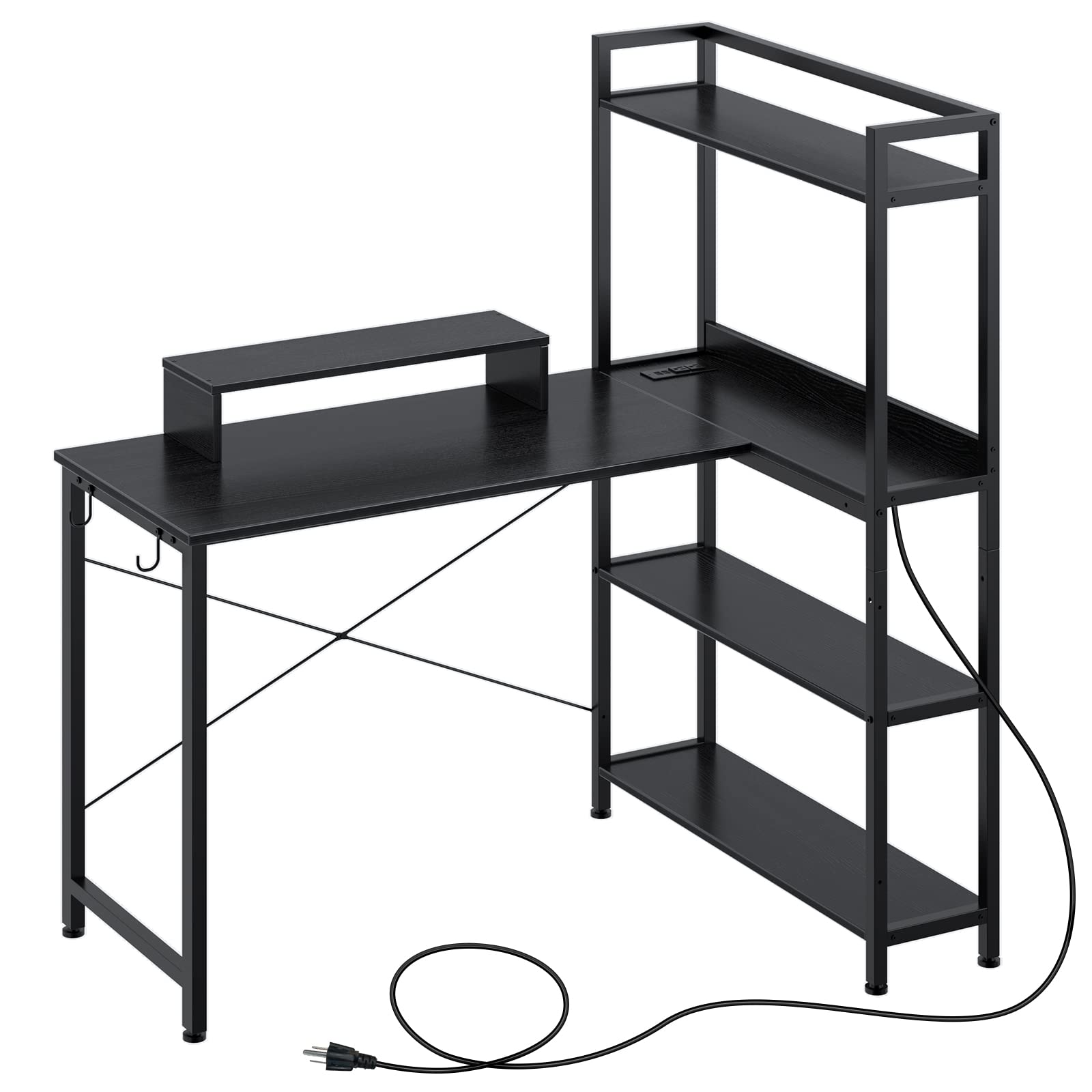 Rolanstar 47 Inch Computer Desk with Shelves & Power Outlet - Home Office Desk with Monitor Stand, Reversible 4-Tier Bookshelf - Space Saving Study Desk for Small Rooms (Black) | Perfect for Home Office, Gaming Setup & Remote Workstation