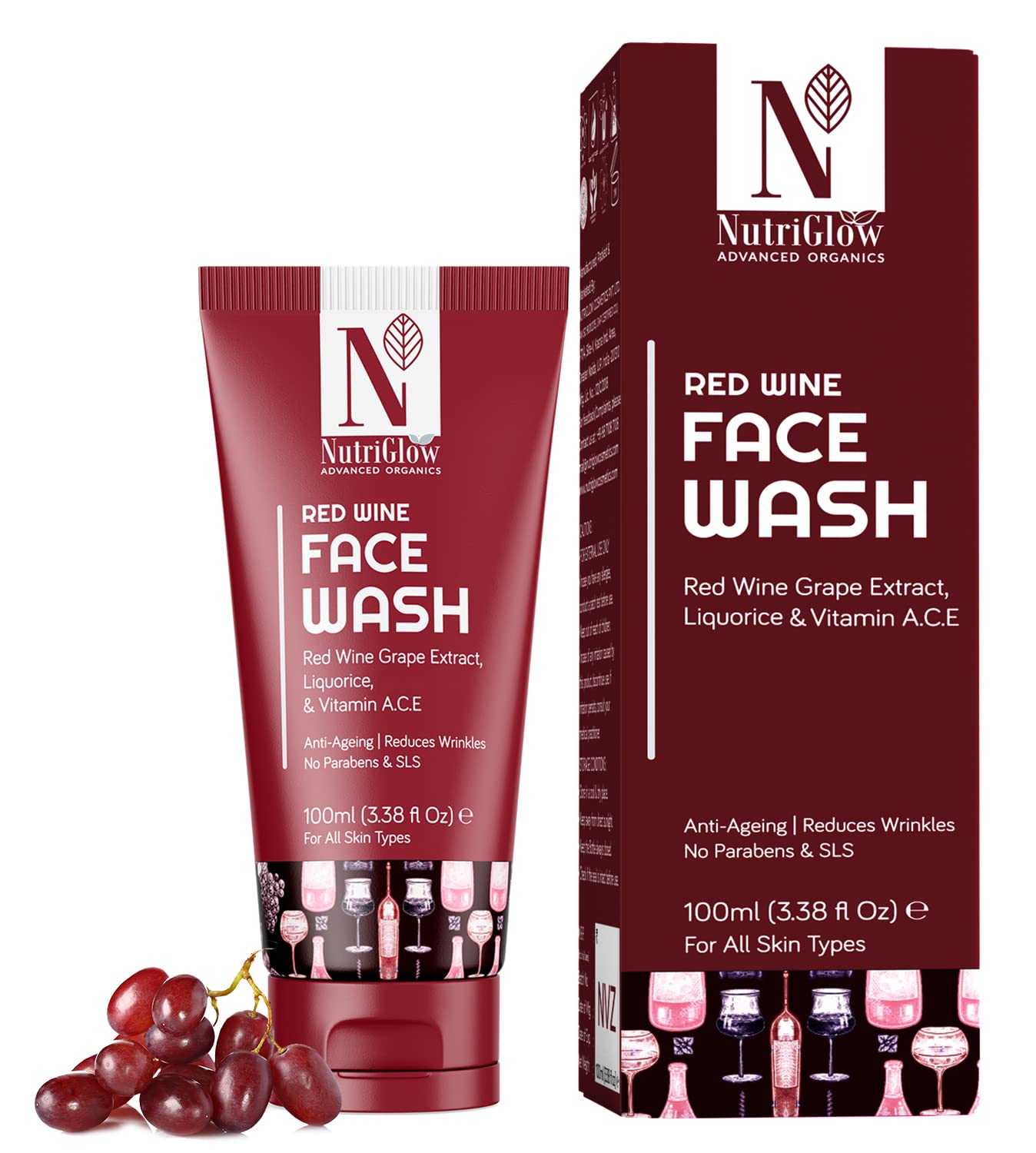 NUTRIGLOW Advanced Organics Anti-Aging Face Wash with Red Wine Extract - Reduces Wrinkles & Fine Lines, 100ml | Gentle Daily Cleanser for Youthful Glow