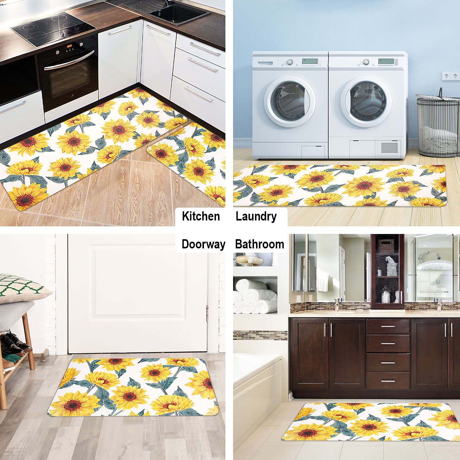 Sunflower Kitchen Rugs Set of 2 - Non Slip PVC Floor Mats for Comfortable Standing in Kitchen & Entryway Decor