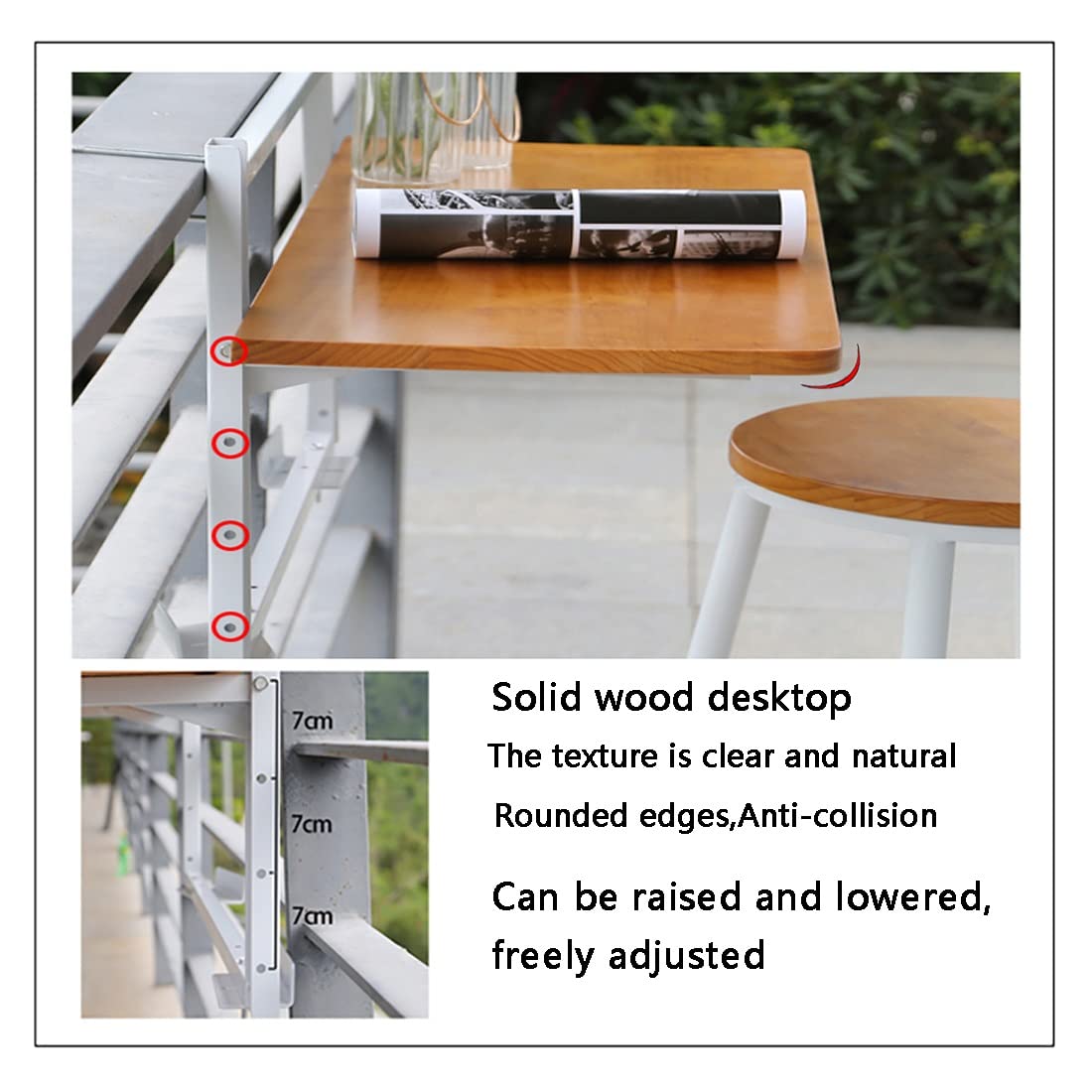 **Foldable Outdoor Side Table - Adjustable Wall Mounted Hanging Table for Patio, Balcony, Deck - Perfect for Small Spaces, Drinks & Snacks**    **Use Cases:** Ideal for relaxing on the balcony, enjoying coffee on the patio, or serving drinks by the pool.