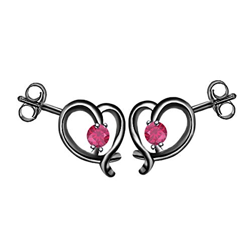 14K Black Gold Ruby & .925 Sterling Silver Heart Stud Earrings - Forever Love Jewelry Gift for Women, Girlfriend, Wife - Perfect for Valentine's Day, Anniversary, Birthday & Special Occasions