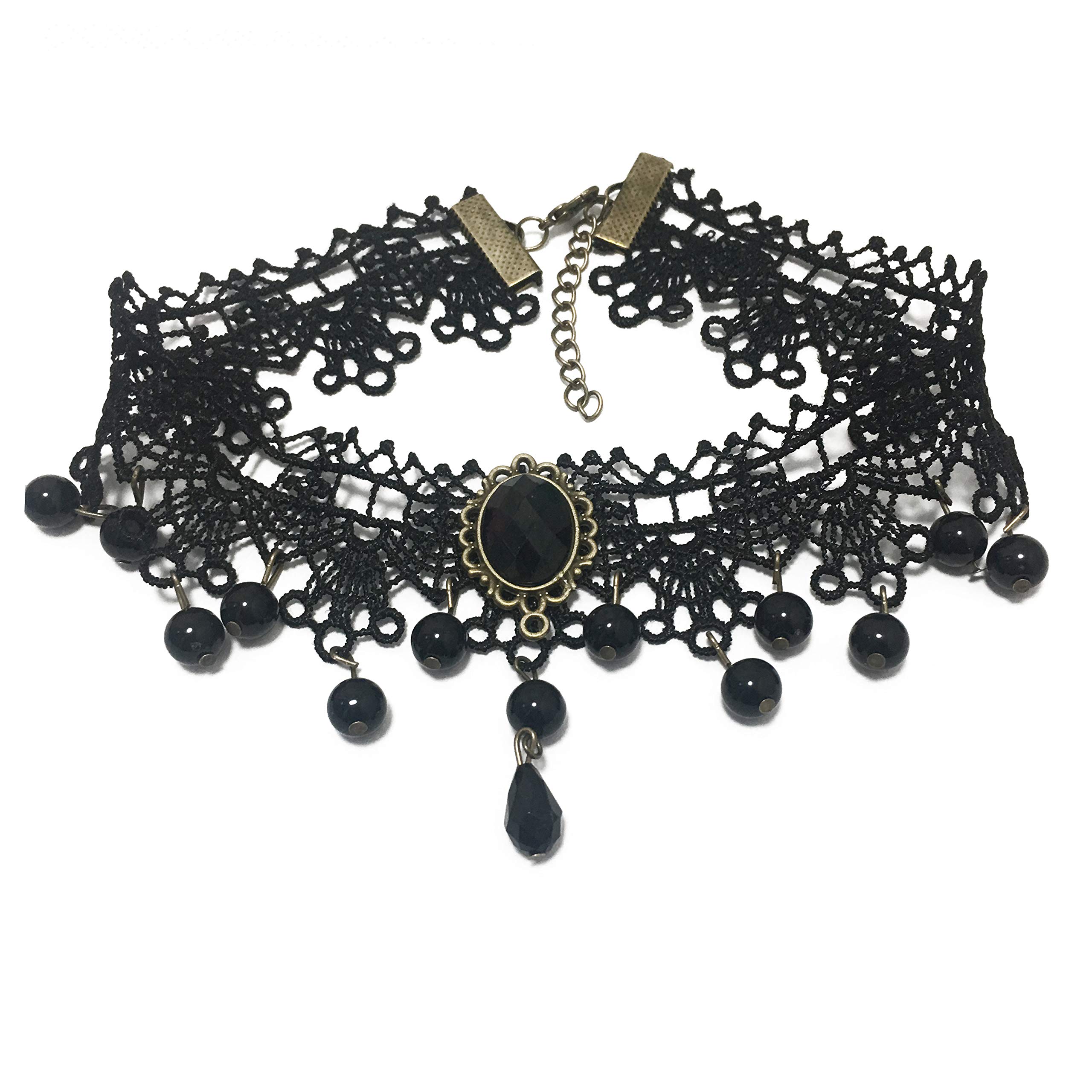 MOYI Gothic Lace Choker Necklace - Black Beaded Antique Bronze Adjustable Vintage Jewelry for Women & Girls | Perfect for Masquerade Balls, Halloween Costumes, Victorian-Themed Parties & Gothic Fashion Accessories