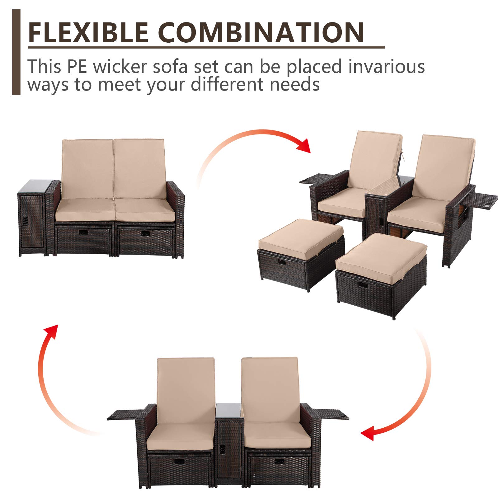 5PCS Outdoor Patio Furniture Set - Wicker Loveseat Sofa with Adjustable Backrest, Coffee Table & Ottoman - Rattan Lounge Chair for Garden, Beach, Poolside, Balcony, Backyard, Deck - Perfect for Relaxing, Entertaining & Outdoor Dining