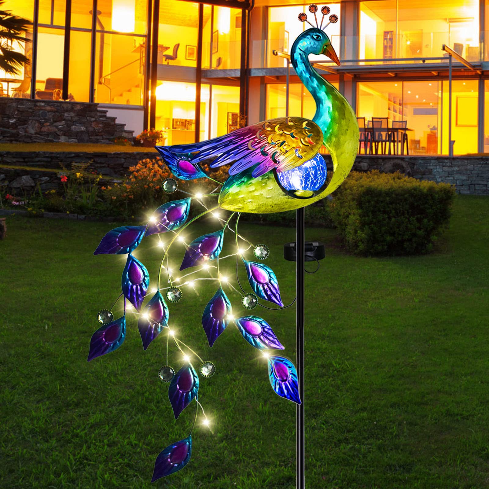 DREAMSOUL Solar Garden Lights Outdoor - Metal Peacock Solar Stake Lights with LED String & Waterproof Crackle Glass Ball - Landscape Path Lighting for Lawn, Patio, Yard, Garden Decor (Ideal for Outdoor Parties, Weddings & Pathway Illumination)