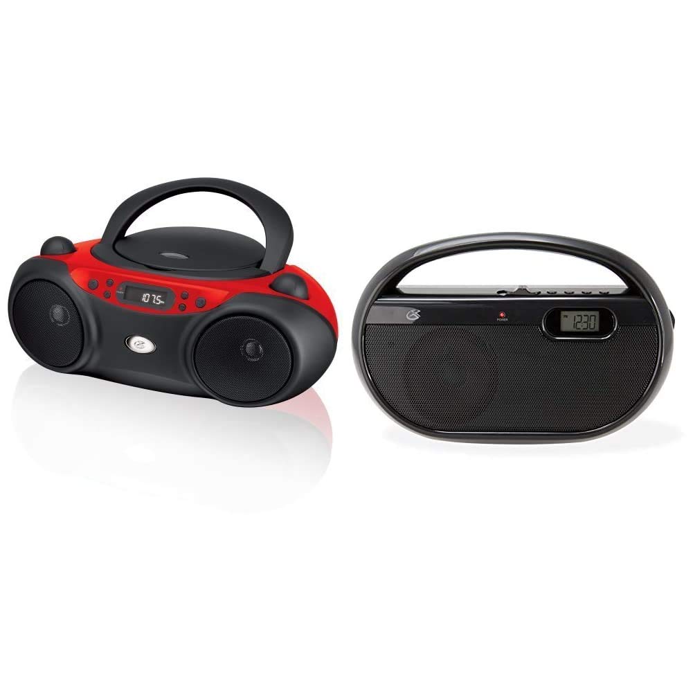 GPX Portable CD Boombox with AM/FM Radio, Digital Clock, USB/SD Playback - Red & Black Bluetooth Speaker for Home, Office, Outdoor Parties & Travel